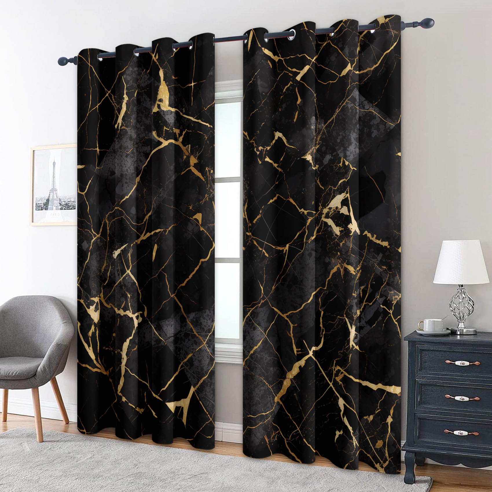 Generisch Schwarz Gold Marmor Vorhänge Blickdicht Gardinen mit Ösen, Abstrakt Modern Deko Muster Wohnzimmer Schlafzimmer Fenster Verdunklungsvorhänge, H 220 x B 140 cm 2er Set (D5-69)