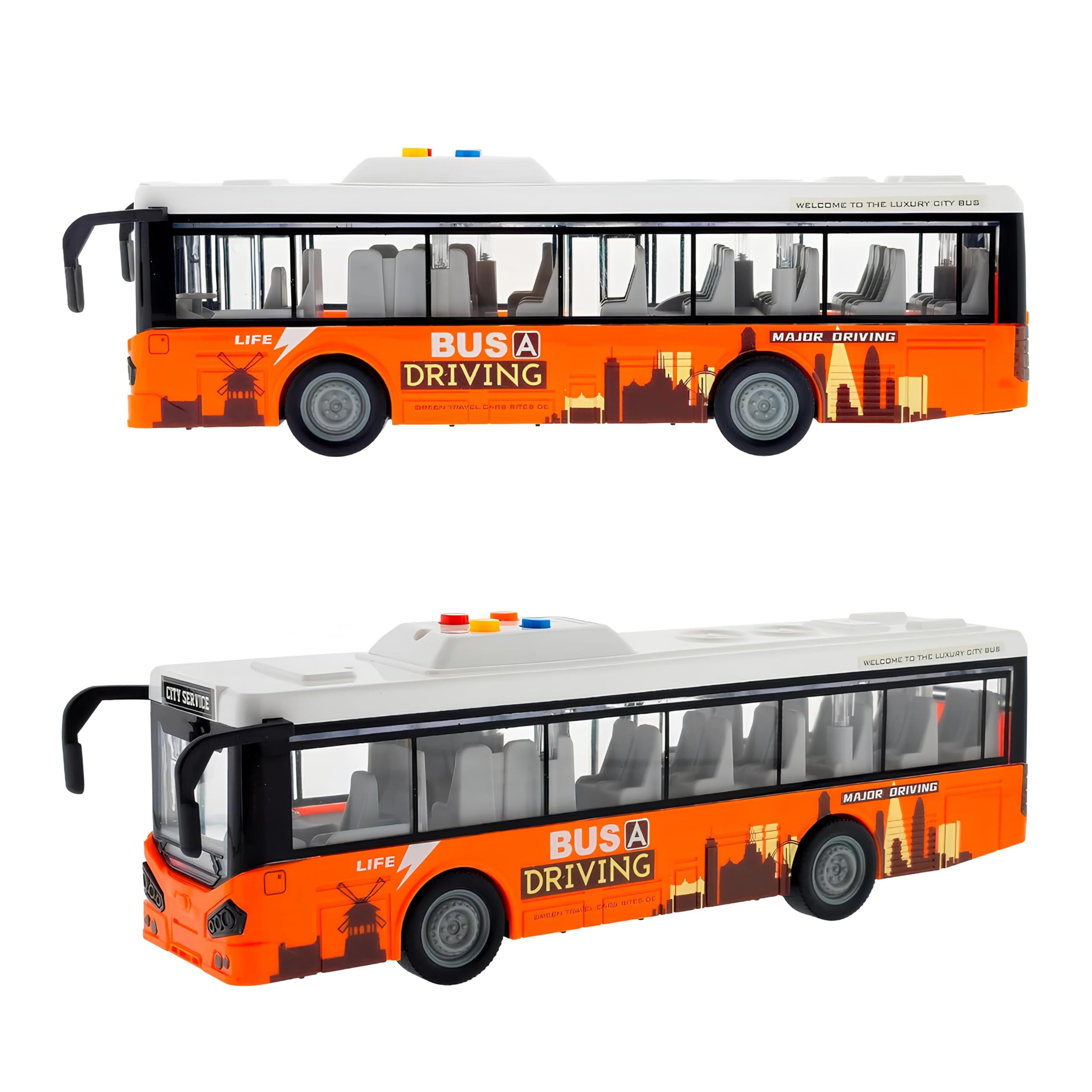 Bus Spielzeug Lichter und Sound Bus groß 28 cm Pullman Spielzeug für Kinder Lichter Geräusche Reibungsbewegung Türen öffnen Schule Buss Multifunktions Maßstab 1:16, verschiedene Farben zufällig