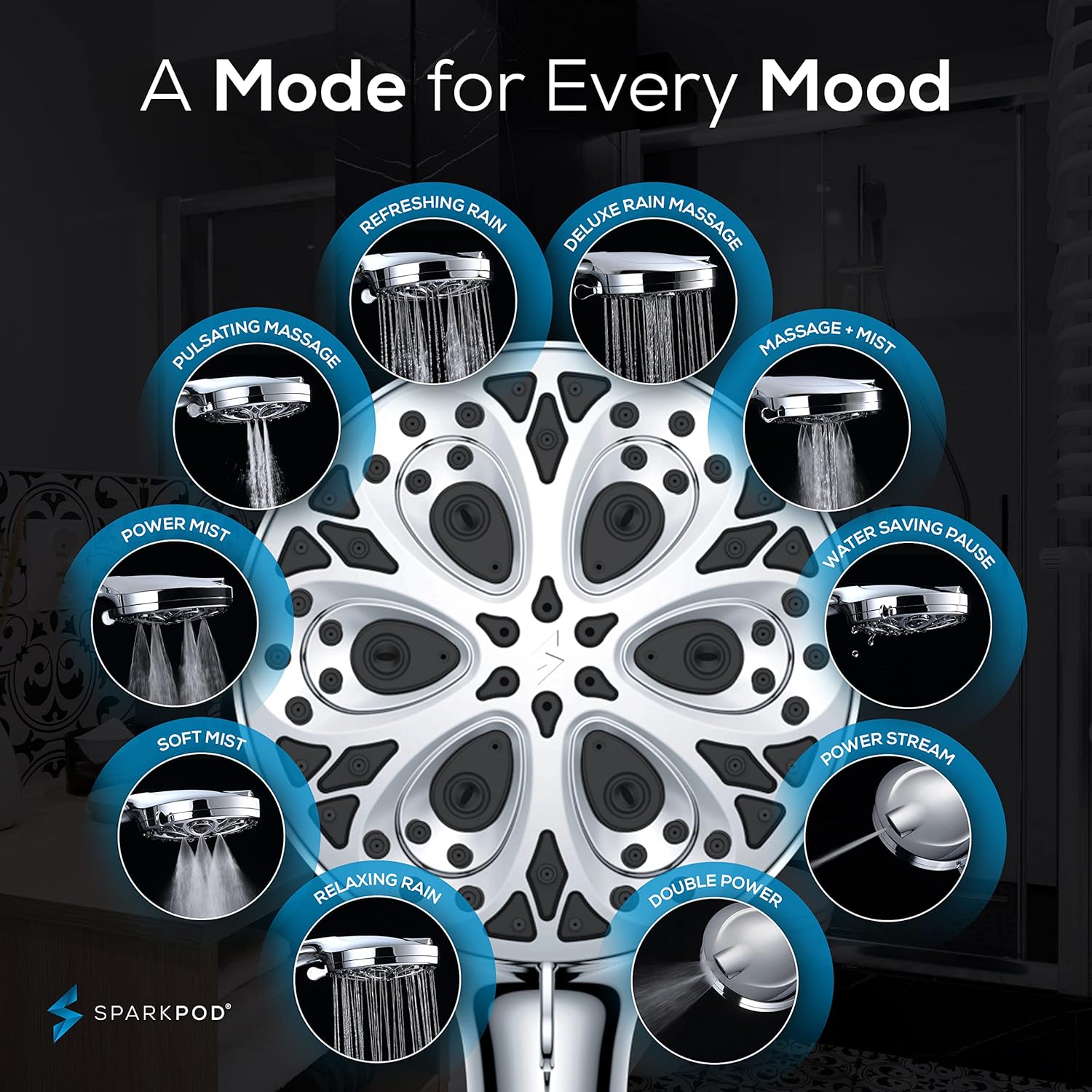 SparkPod 10-Mode Handheld Shower Head with Filter - 5" High Pressure Filtered Shower Head with Touch-to-Clean Nozzles, Built-In Power Jet, Stainless Steel 6ft Hose & Bracket (Polished Chrome)