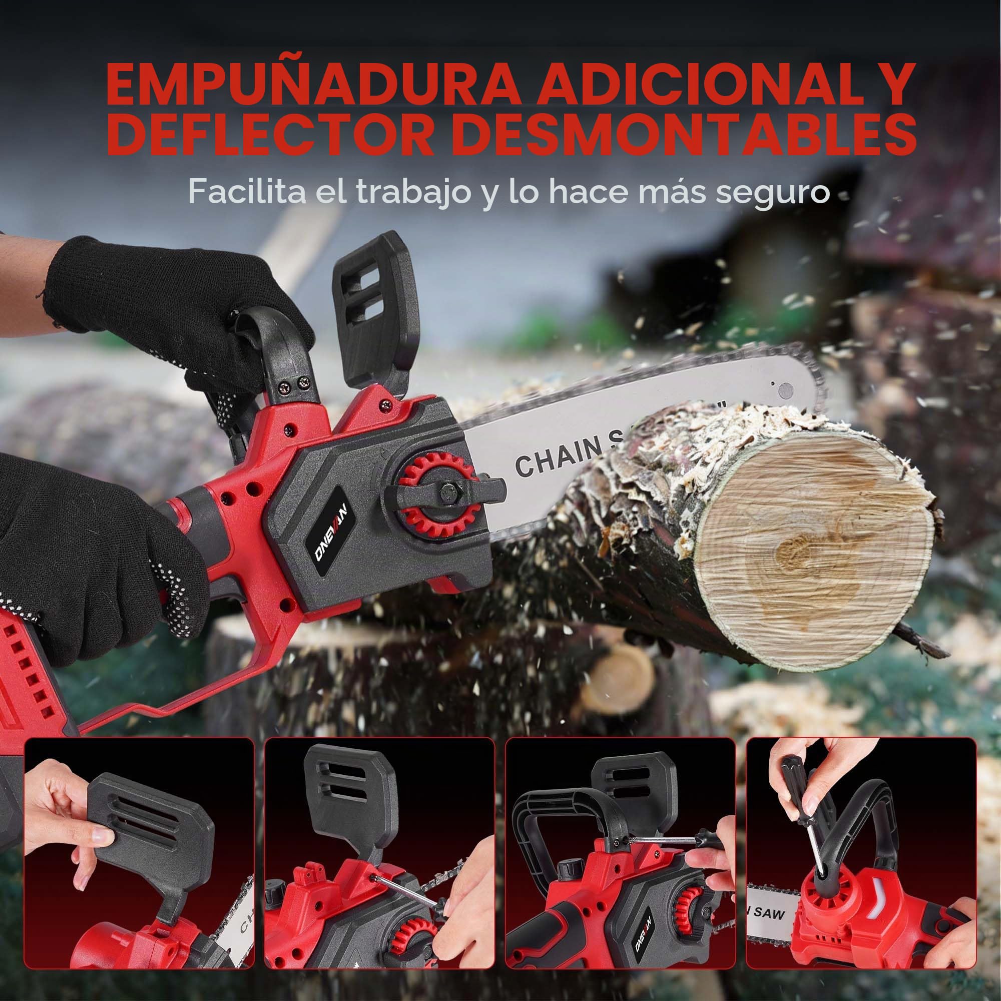 ONEVAN Motosierra inalámbrica, 8 y 10 pulgadas, lubricación automática | Con 2x 3.0Ah baterías, diámetro de corte 20 cm, velocidad de corte 10m/s, sustitución de la espada sin herramientas