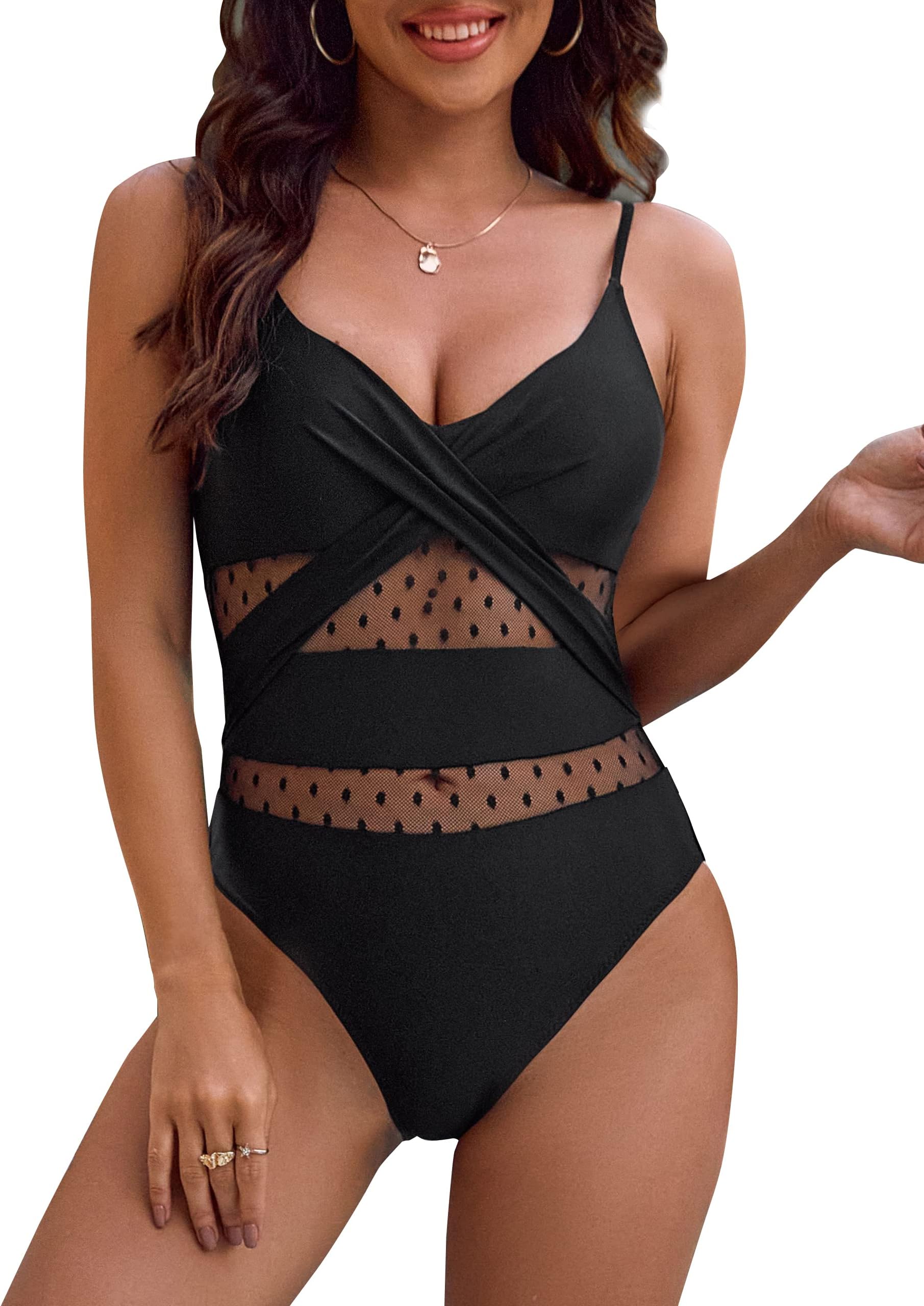 BMJL Womens Tummy Control One Piece Swimming Costume V Neck Sexy Mesh Bathing Suit Padded Push Up Swimsuits Swimwear