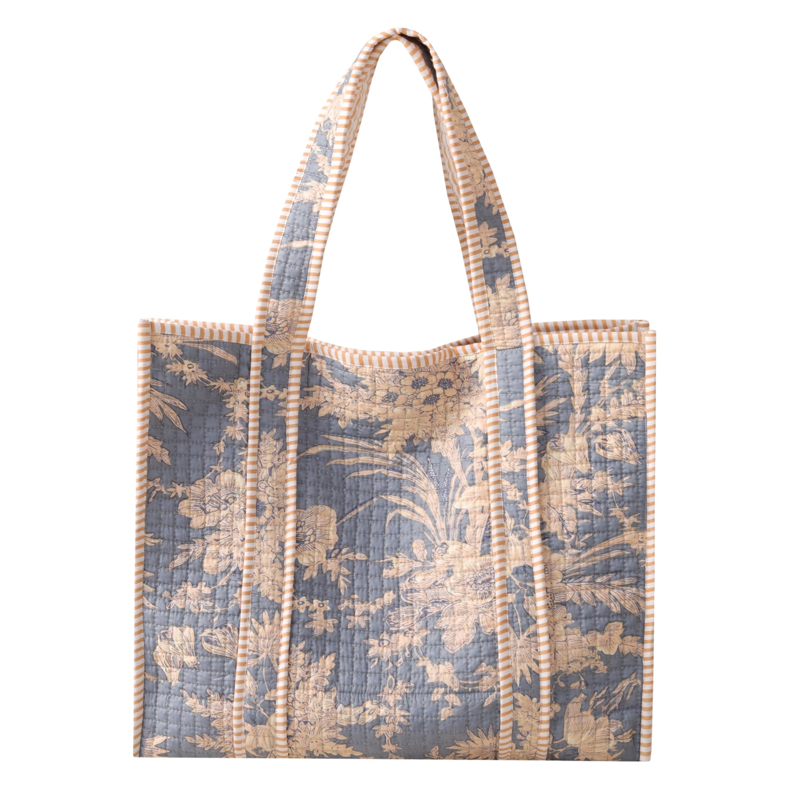 THE ART BOX Reusable Quilted Grocery Bag With Inner Pockets – Handmade Large Tote Bag for Women Eco-Friendly 100% Cotton Boho Shoulder Bag for Shopping & Travel - Beige