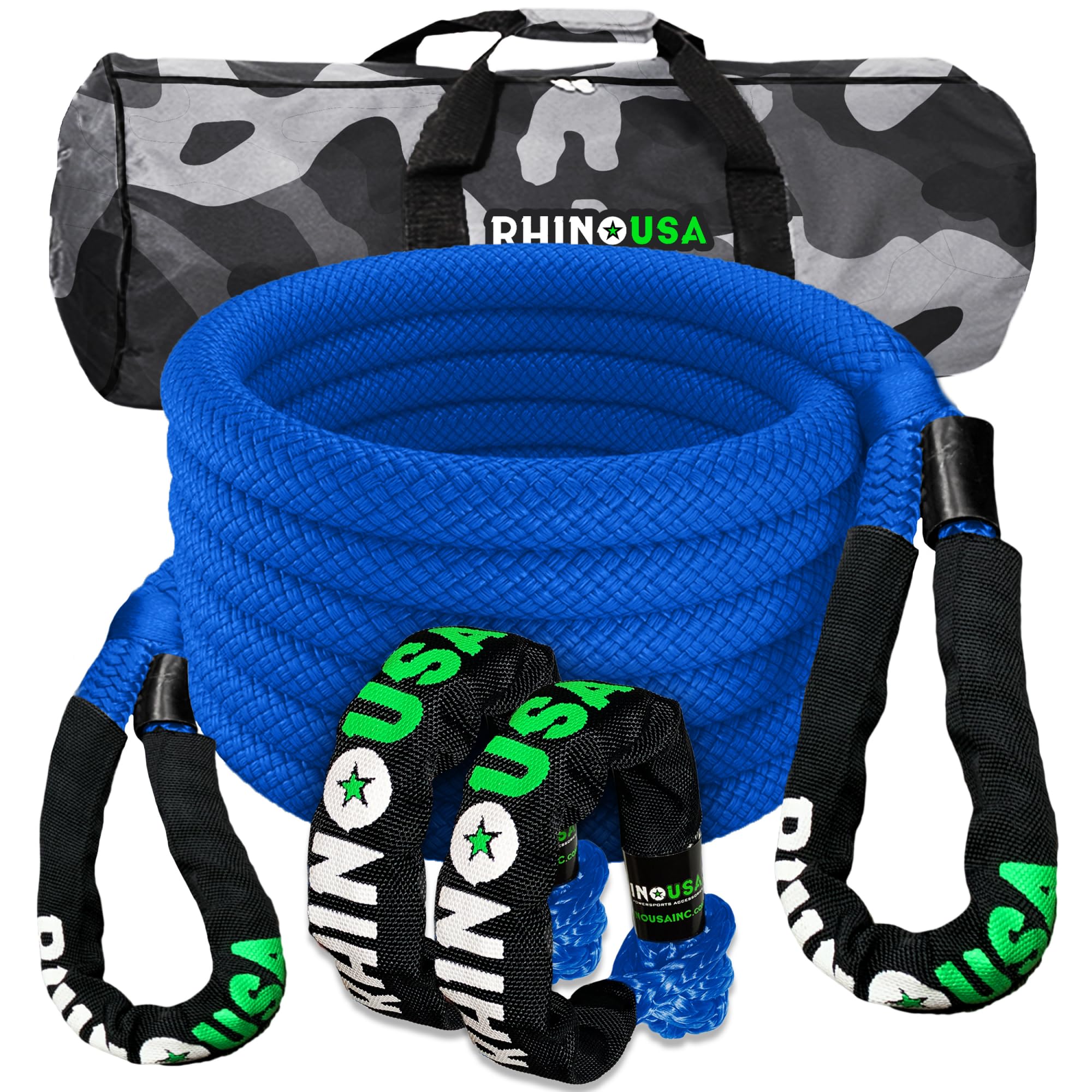 Rhino USA Kinetic Tow Rope 13,000kg (2.2cm x 9m) - Heavy Duty Offroad 4x4 Snatch Strap Recovery Kit - Includes 2 Soft Shackles for UTV ATV Truck - Blue