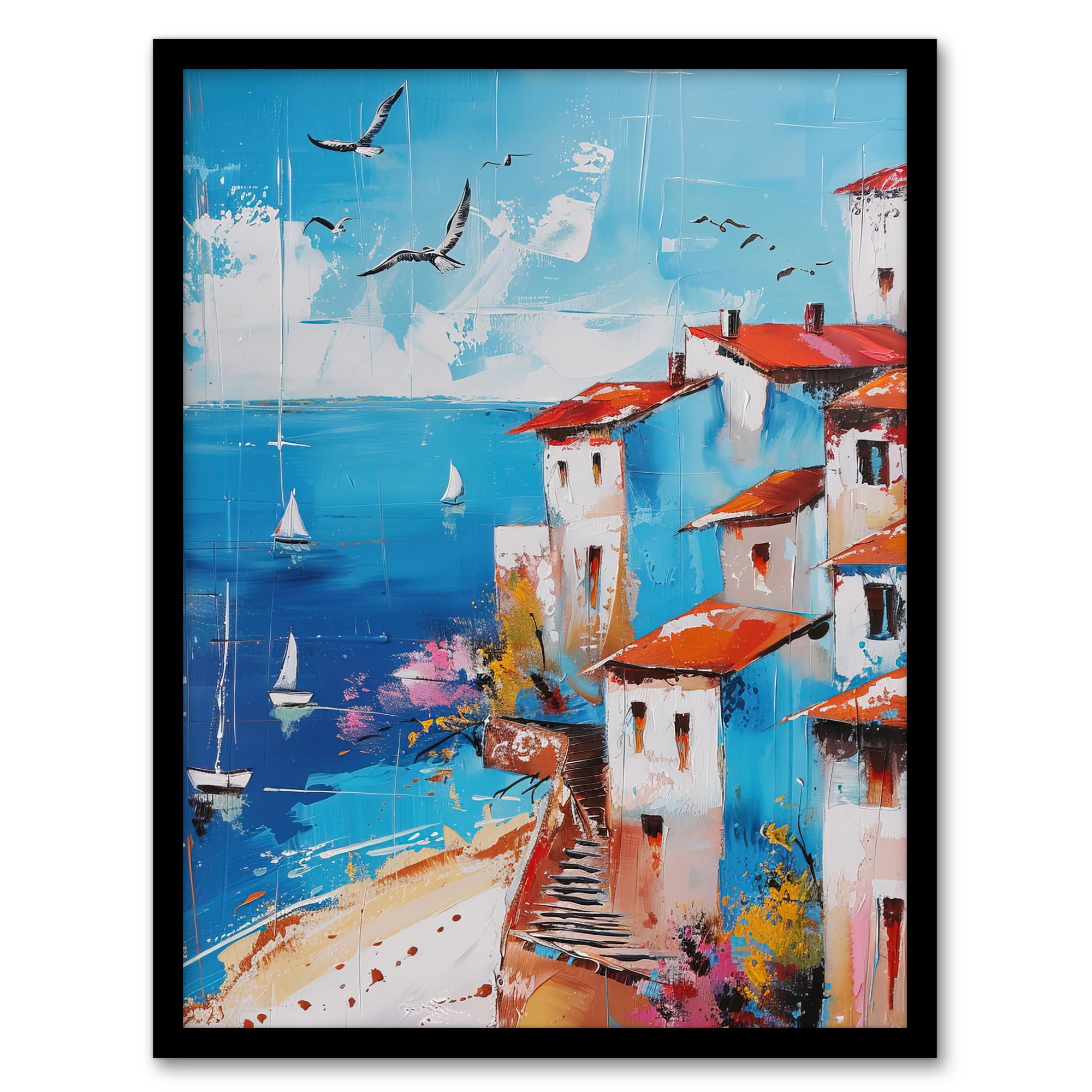 Artery8 Coastal Town Beach Sail Boats Abstract Painting Living Room Bathroom Artwork Framed Wall Art Print A4