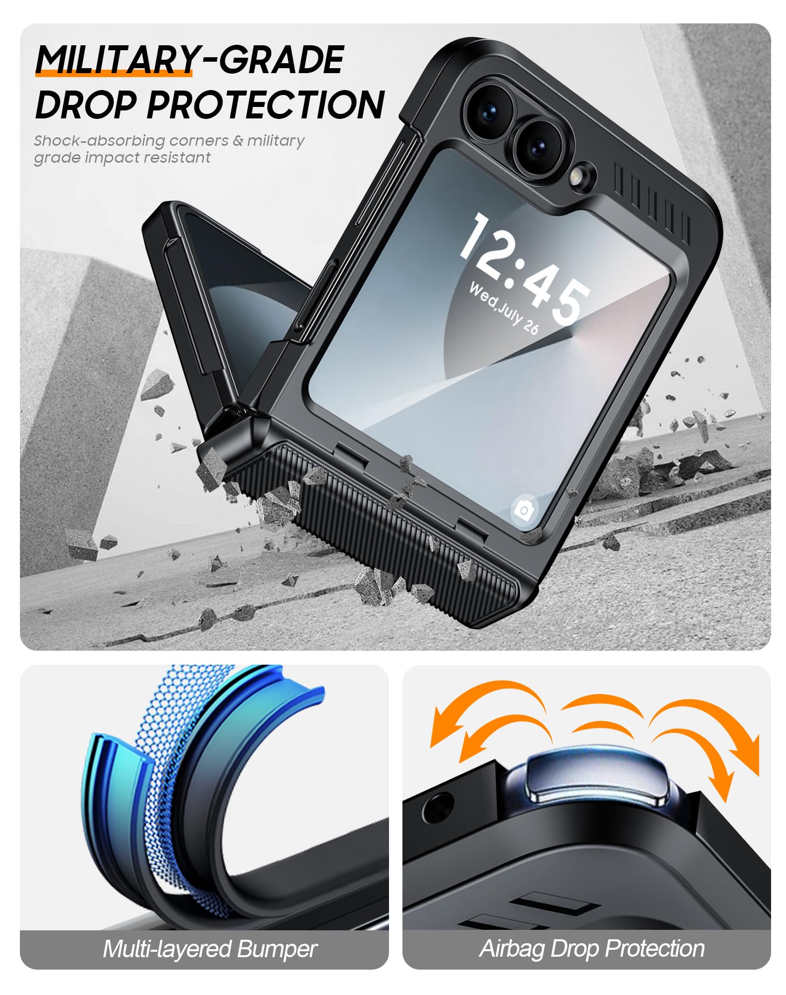 Vizvera Coque pour Samsung Galaxy Z Flip 6 avec protection de charnière, étui fin à rabat z 6 avec protection d'écran antichoc et robuste, chargeur sans fil pour Galaxy Z Flip 6 5G (2024) - Noir