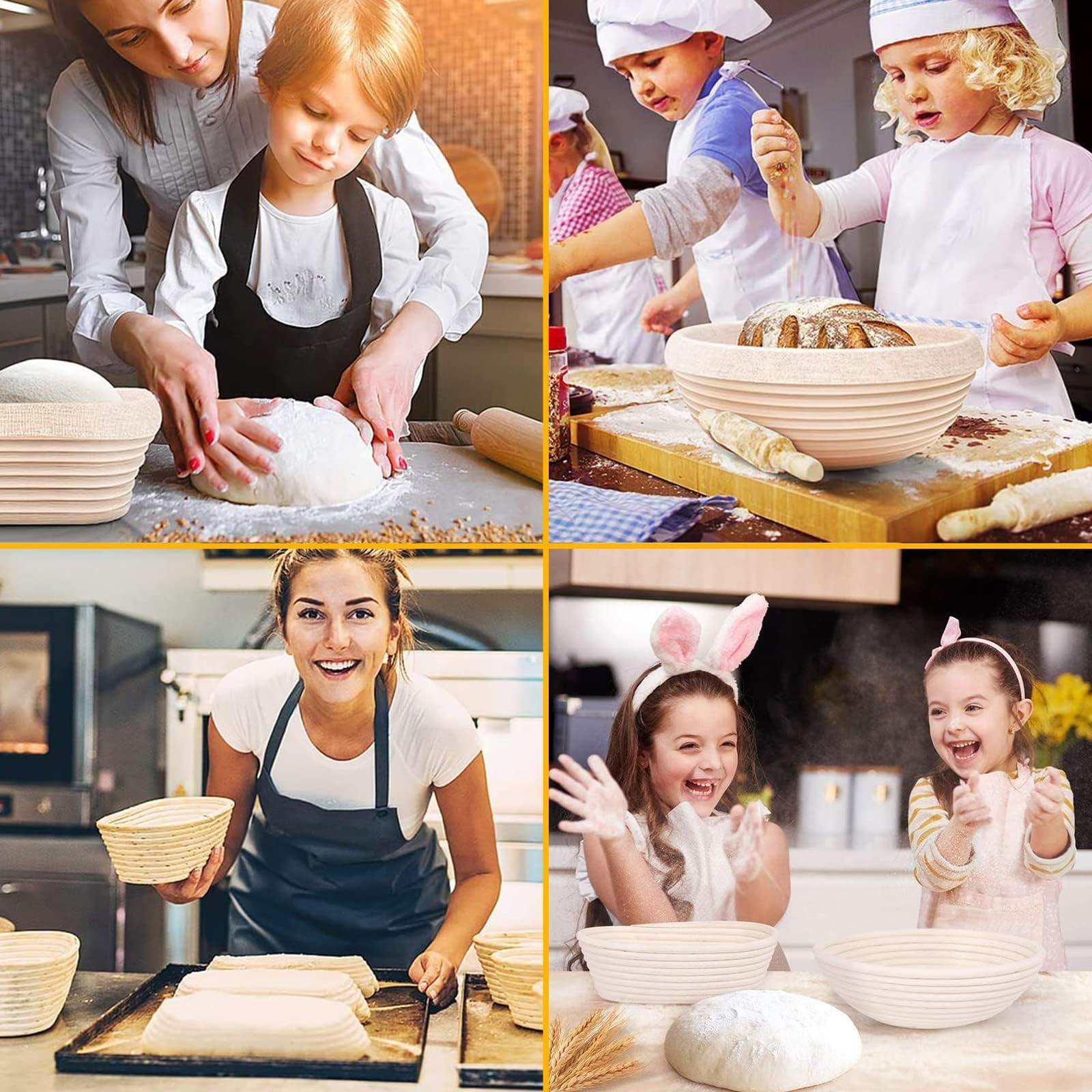 Ensemble paniers fermentation pâte levée : 10" rond & 9,6" ovale, rotin naturel, avec raclette, couteau pain, batteur & tapis tissu