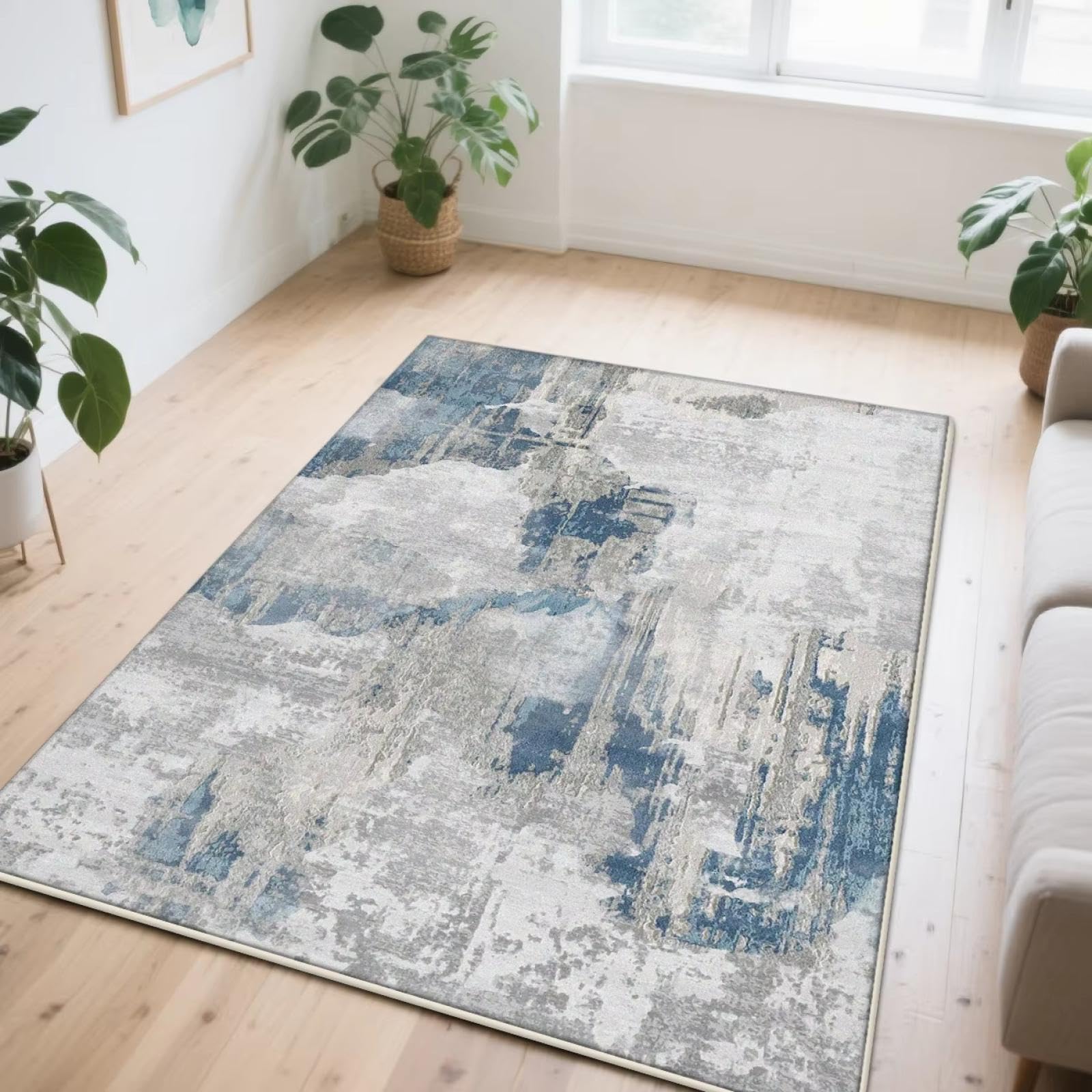 Tapis de salon bleu lavable moderne et antidérapant 90x130