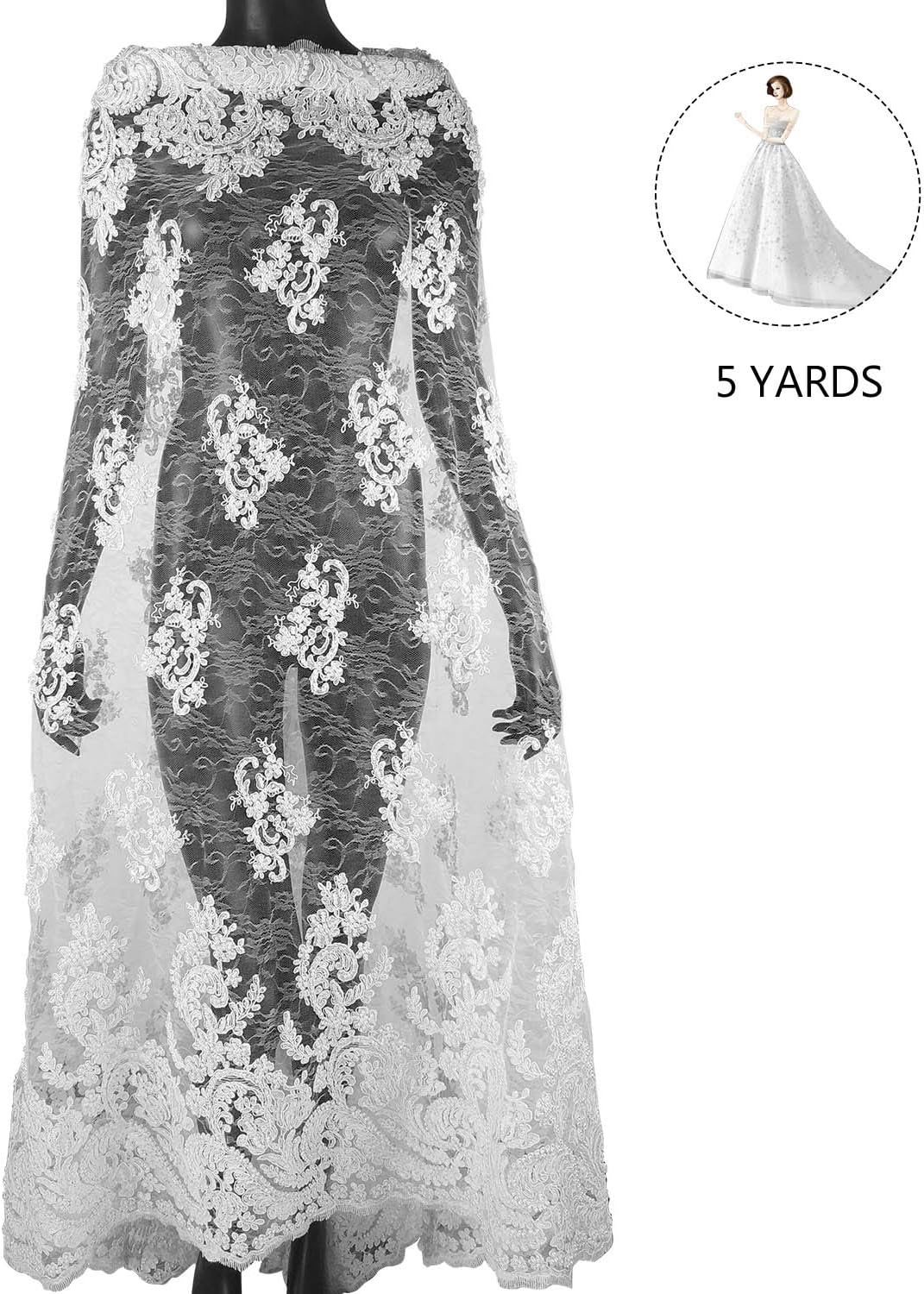 NJHG 5 Yards Lace Fabric Embroidered with Pearls Sewn by Hand, Tulle Fabric Lace for Party Wedding Dress