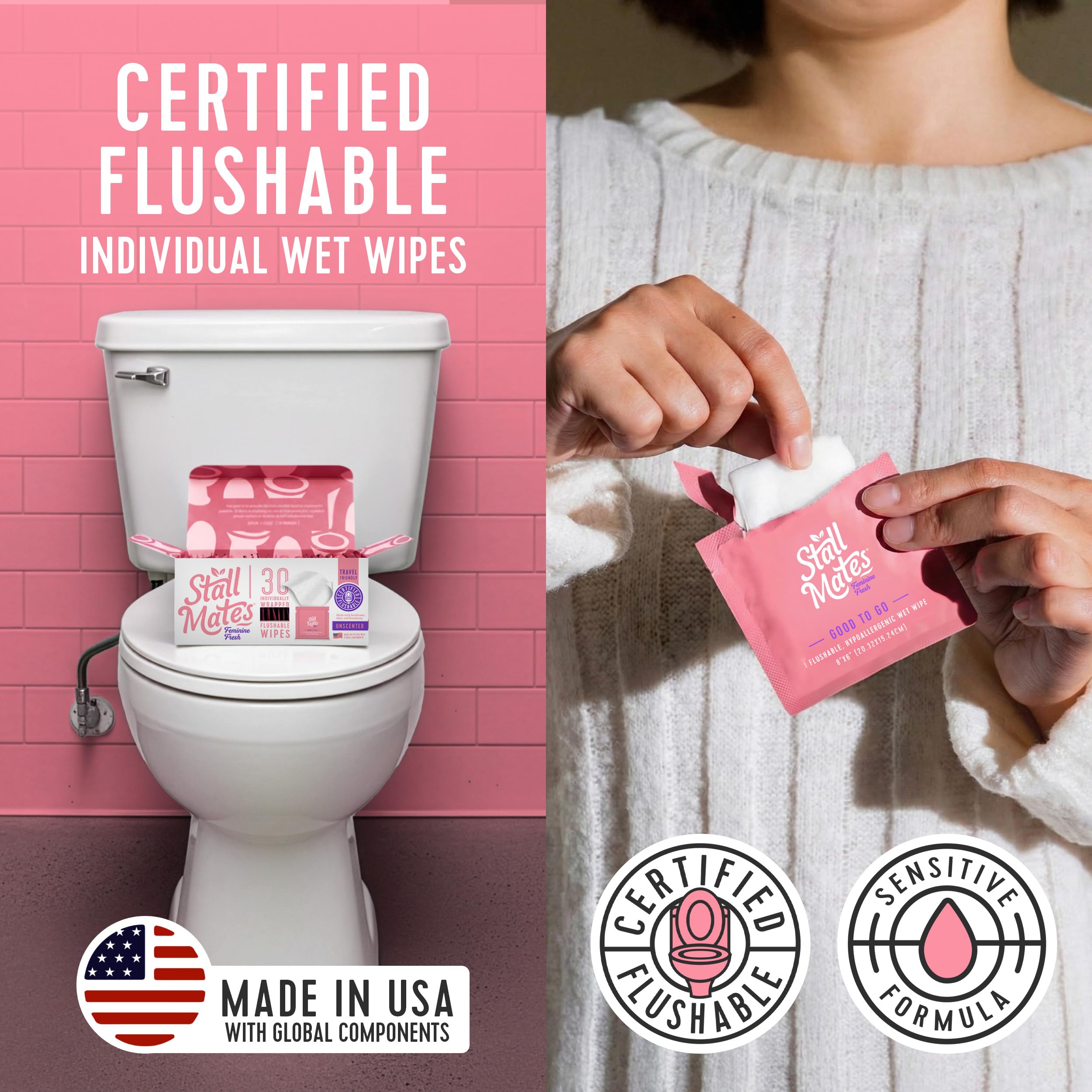 Stall Mates Wipes Feminine Fresh: Spülbare, einzeln verpackte feminine Tücher für Reisen Unparfümfrei und pH-ausgewogen mit Sonnenblume, Rosmarin und Aloe (30 on-the-go-Singles)