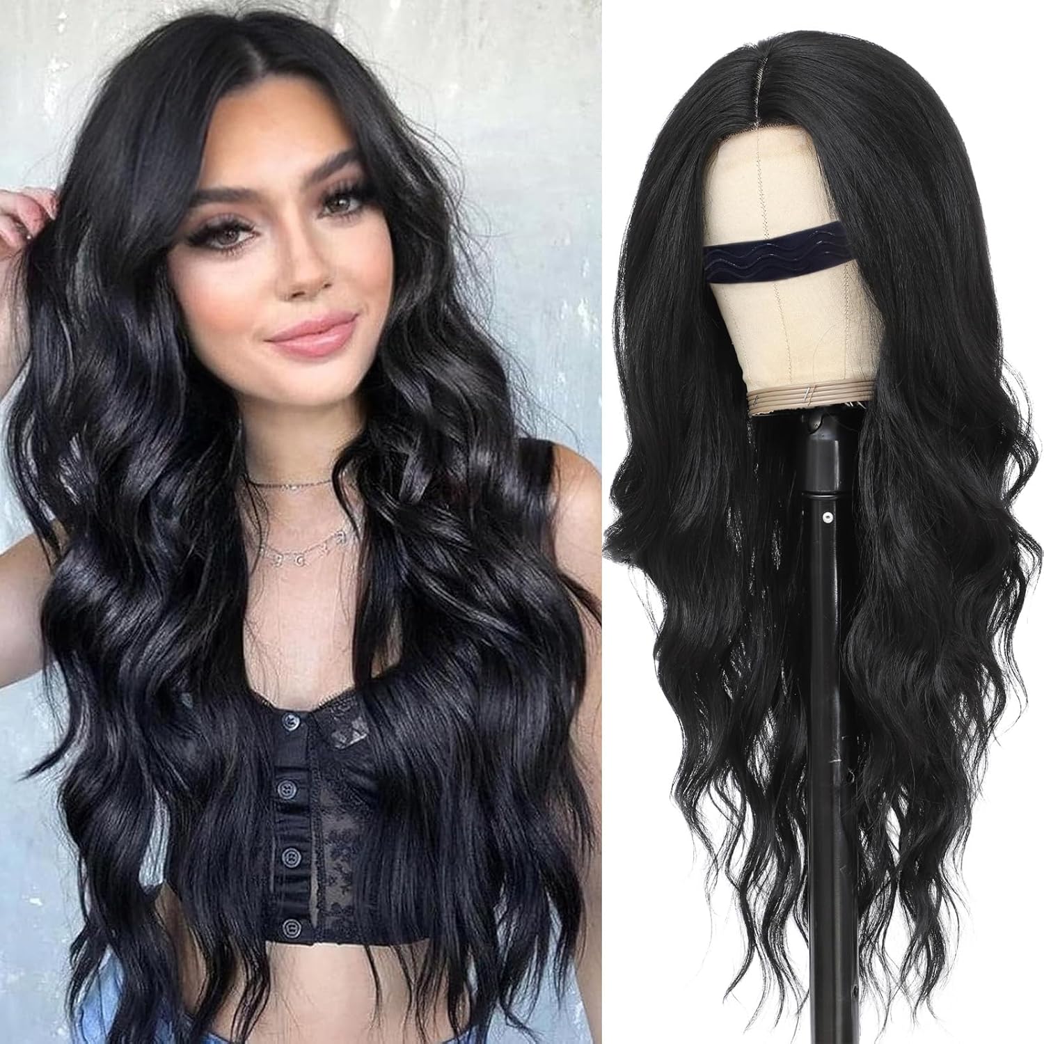 Black Wig for Women, Long Black Wavy Wig Middle Part 26 Inch Black Wigs Natural Looking Heat Resistant Synthetic Wig for Daily Party Use