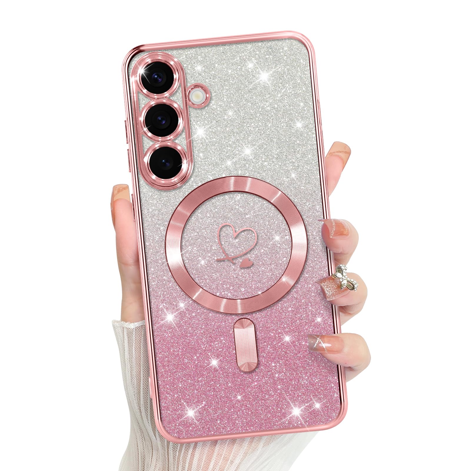 Bonoma Compatible with Samsung Galaxy S25 Plus Case Support for MagSafe, Plating Heart Glitter Magnetic Case TPU Camera Protection Back Cover for