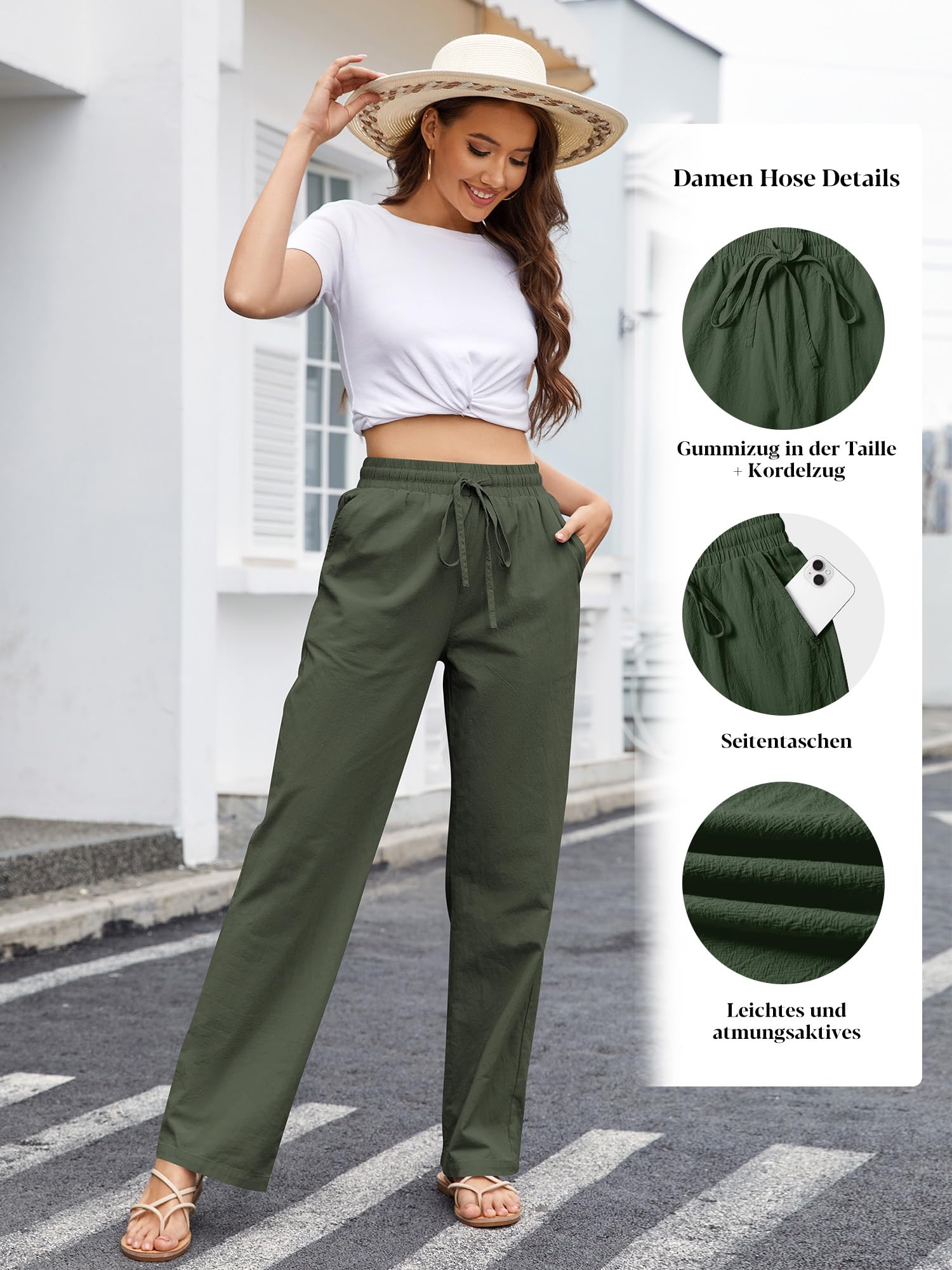 Tincini Leinenhose Damen Hose Sommer Musselin Leinen Hosen Stoffhose Einfarbig Freizeithose Gerade Geschnitten Strandhose Sommerhose mit Taschen