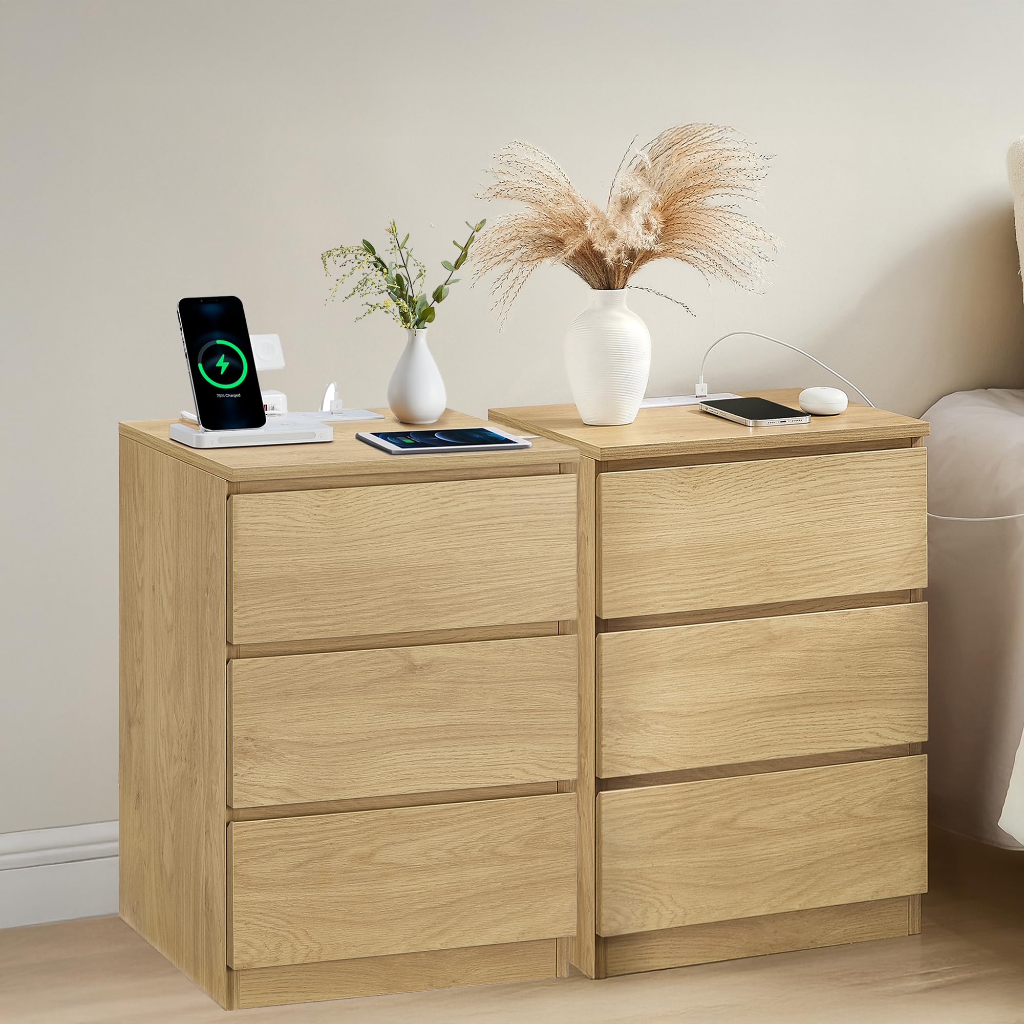VASAGLE KAILYN Collection - Bedside Tables with Power Strip, Set of 2 Side End Tables with Drawers, 2 AC Outlets, 2 USB Ports, for Living Room, Bedroom, Study, Straw Yellow LET831Y71