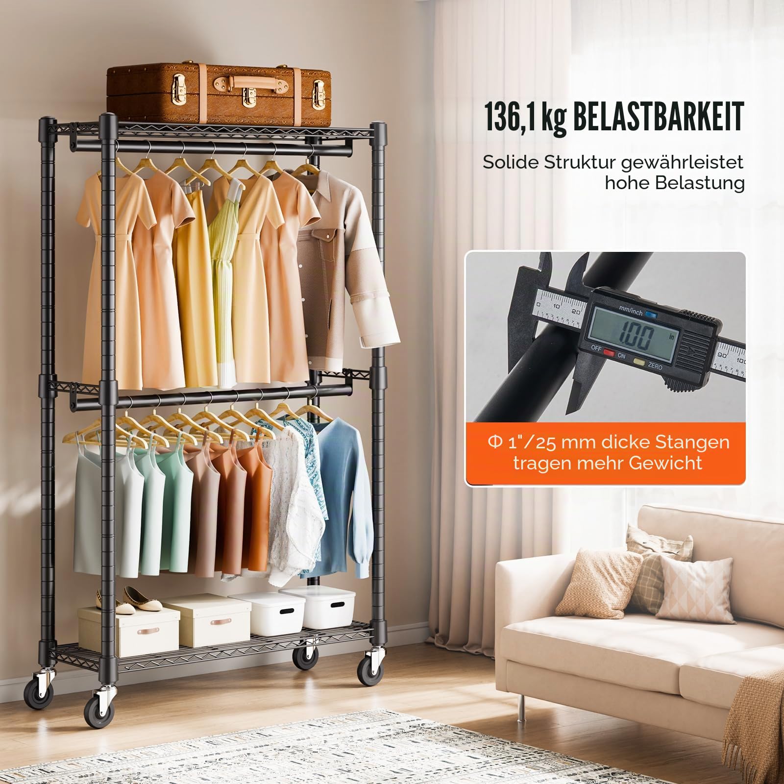 VEVOR Rollbarer Kleiderständer Garderobenständer 1 Kleiderstange, 2-lagig, 136 kg Belastbar Strapazierfähiger Rollbarer Kleiderständer für Schlafzimmer, Wäscheraum, Ankleidezimmer, Eingang usw.