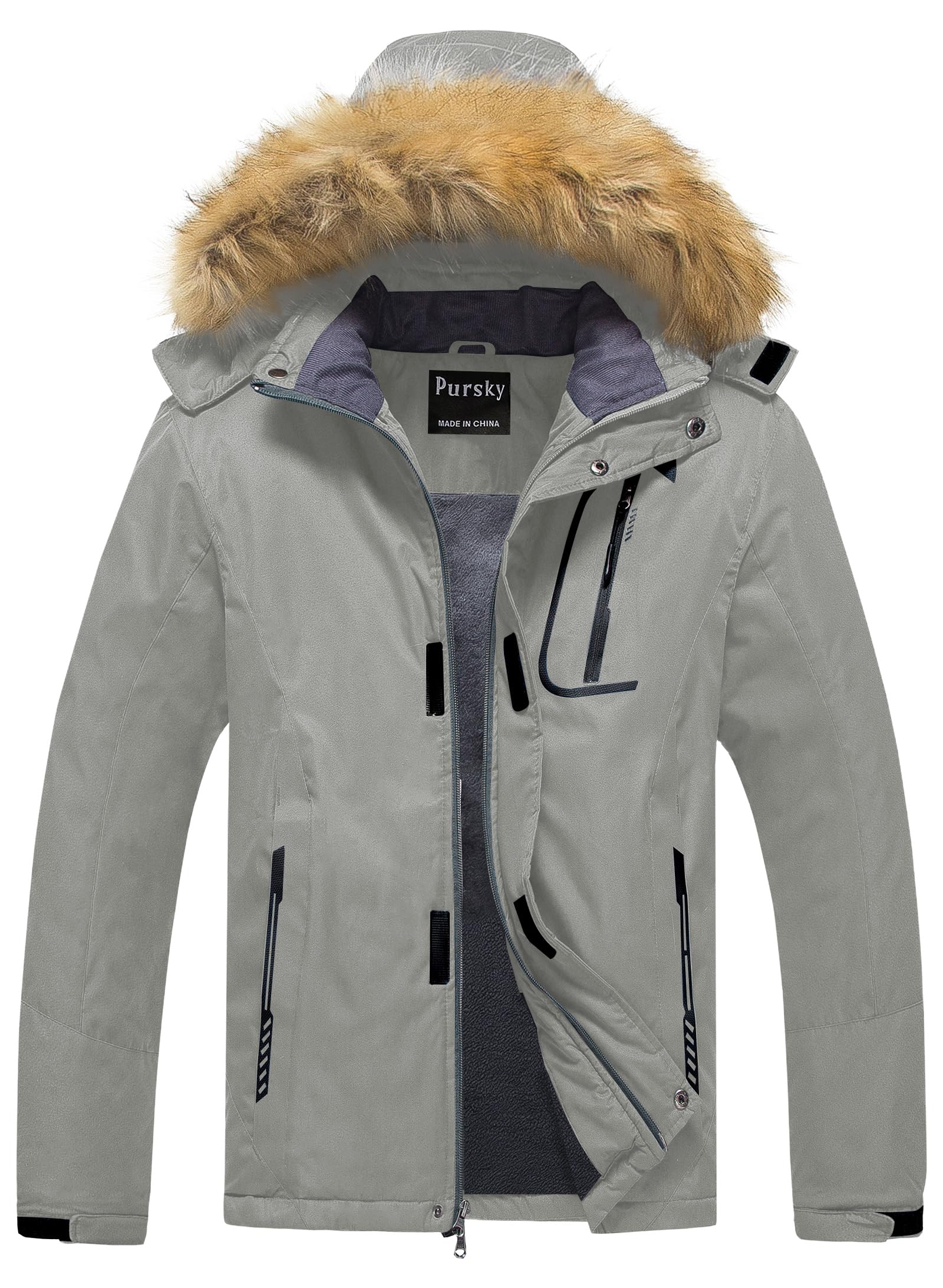 Pursky Men's Waterproof Ski Jacket Winter Snow Coats Fur Hooded Raincoats Parka