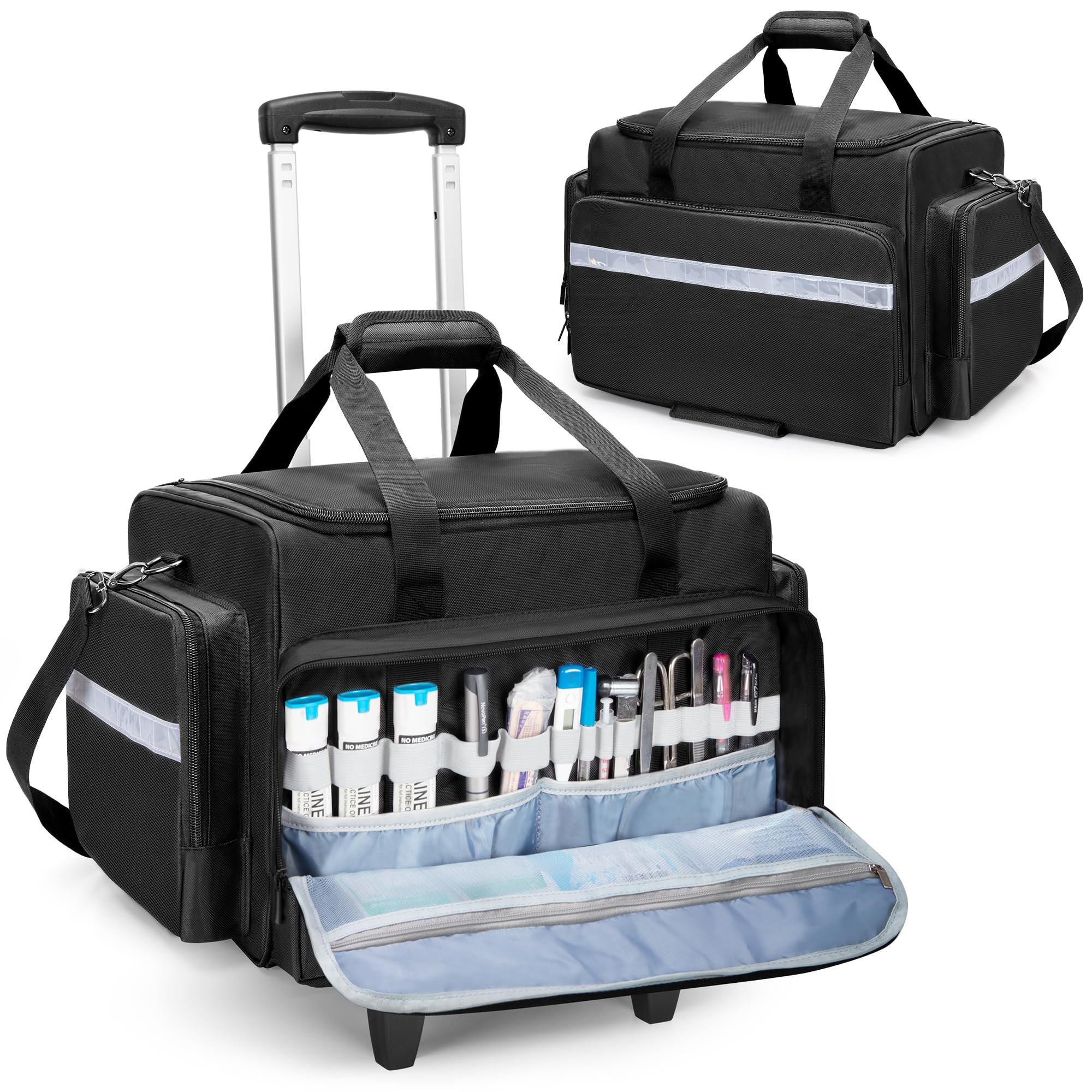 Damero Botiquin de Primeros Auxilios con Carro Desmontable, Kit Primeros Auxilios con Ruedas, para Médicos, Profesionales de EMS, Negro
