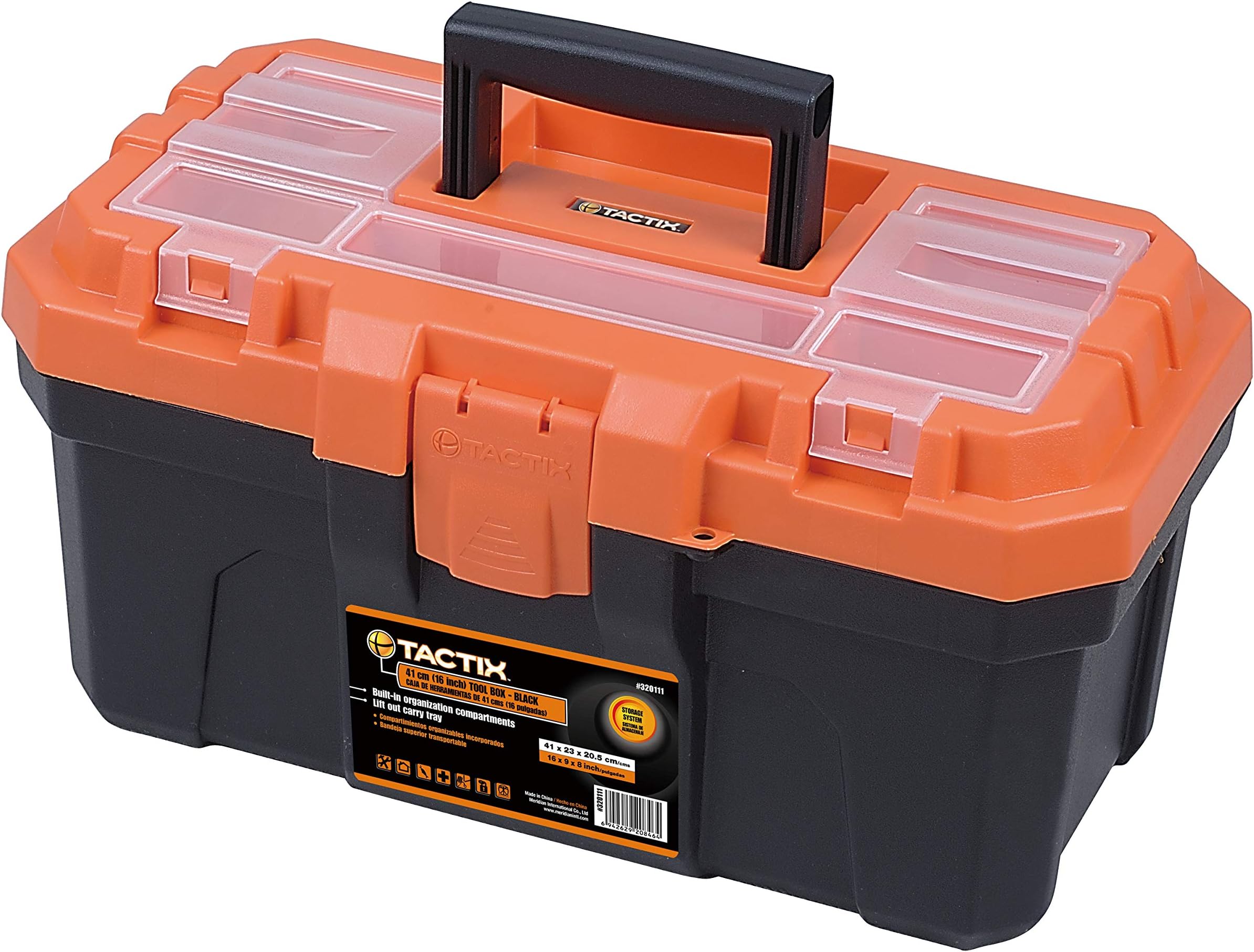 Tactix 16 Inches Plastic Storage Tool Box HD with Lift-out carry tray, Built-in Organization Compartments, Black/Orange, Dimensions: 41W x 23D x 20.5H cm- 320111