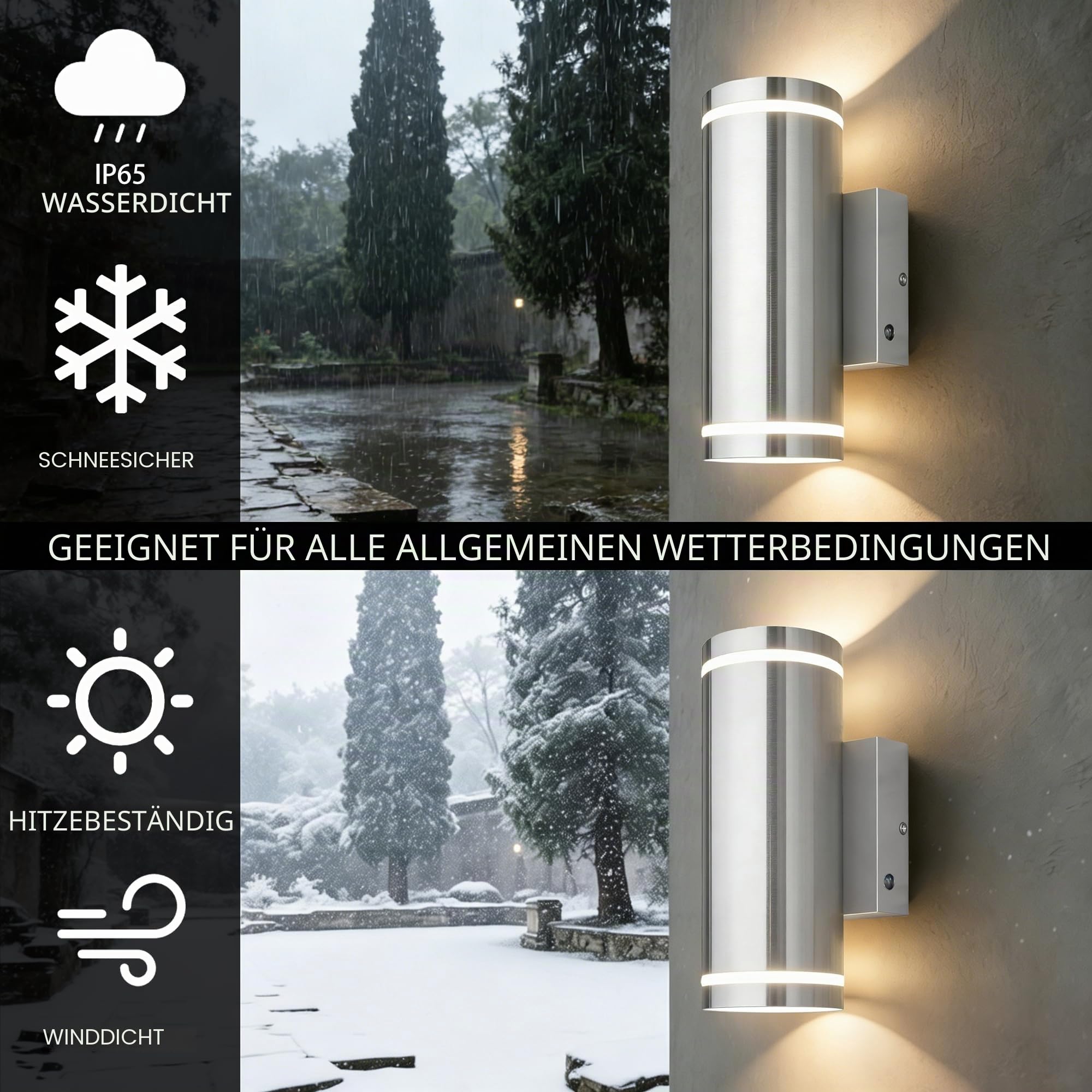 JNR Außenlampe mit Dämmerungssensor, Edelstahl Aussenleuchte, Silber 2 Pack | Edelstahl, IP65 Wasserdichte LED Aussenlampe mit Lichtsensor Außen inkl. 2x 5W GU10 3000K Warmweiß Glühbirne