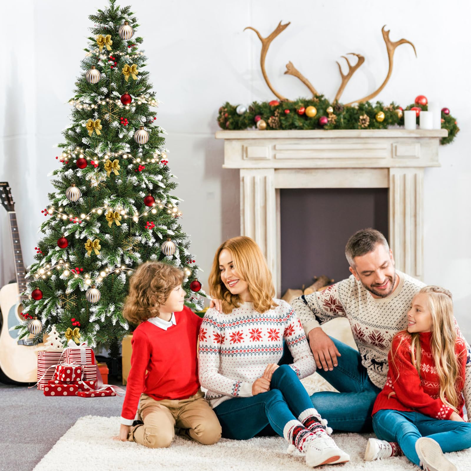Uten Sapin de Noël Artificiel 150 cm, PE Arbre Noël Flocon Neige Luxe Décoration Intérieur, 500 Aspect Naturel Branches en PVC & PE, 23 Groupes Baies Rouges, Branches de Charnière, Réutilisable