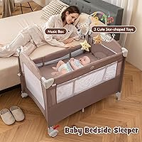 Vista 2 de HONEY JOY Pack and Play con moisés, 5 en 1, cuna para bebé junto a la cama con mesa de cambio de pañales y bolsa de almacenamiento, arco de juguetes