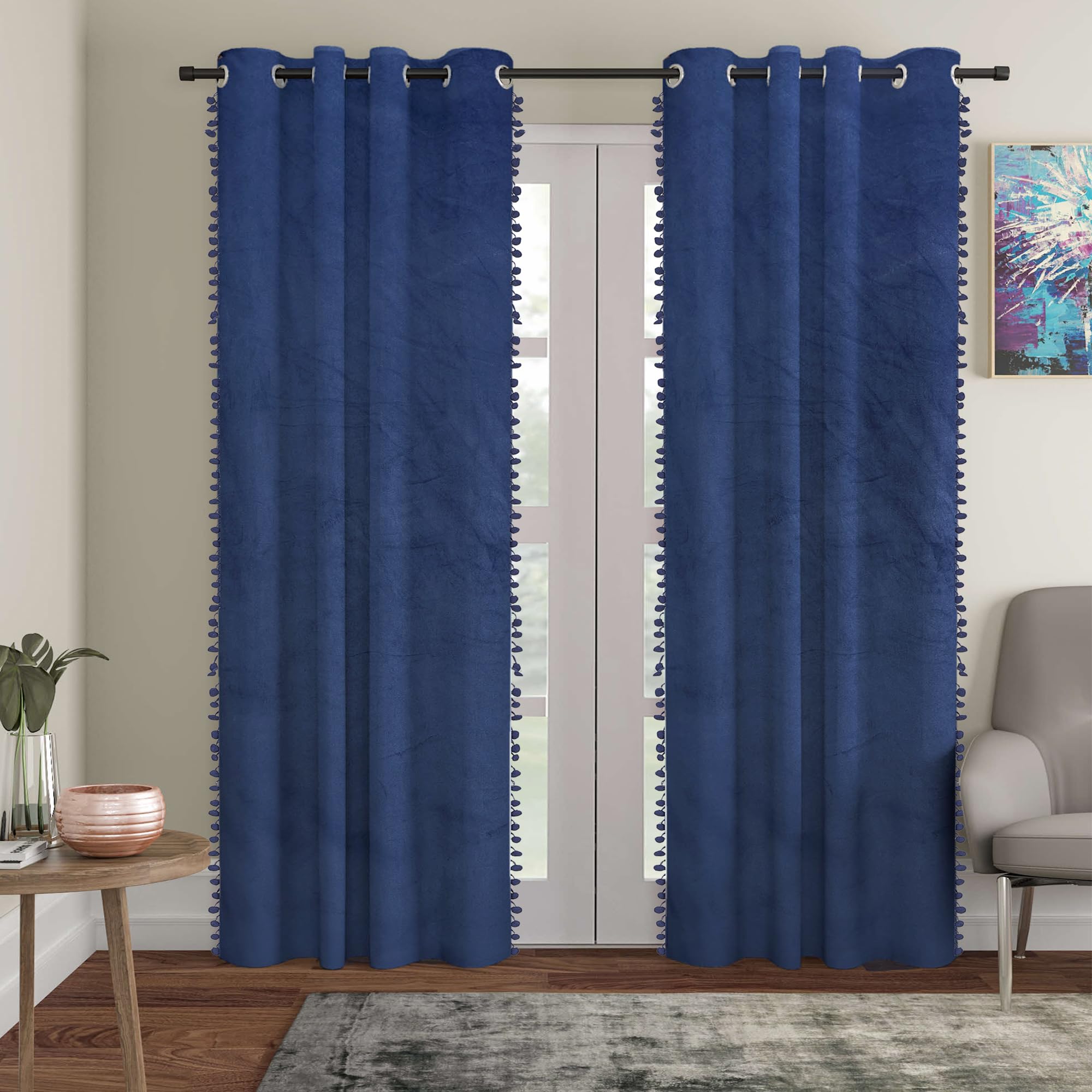 STITCHNEST Premium Velvet Semi Blackout Curtains with Pom Pom – Pack of 1 Door Curtains, Elegant Blue Color for Bedroom & Living Room (Size: 7ft)