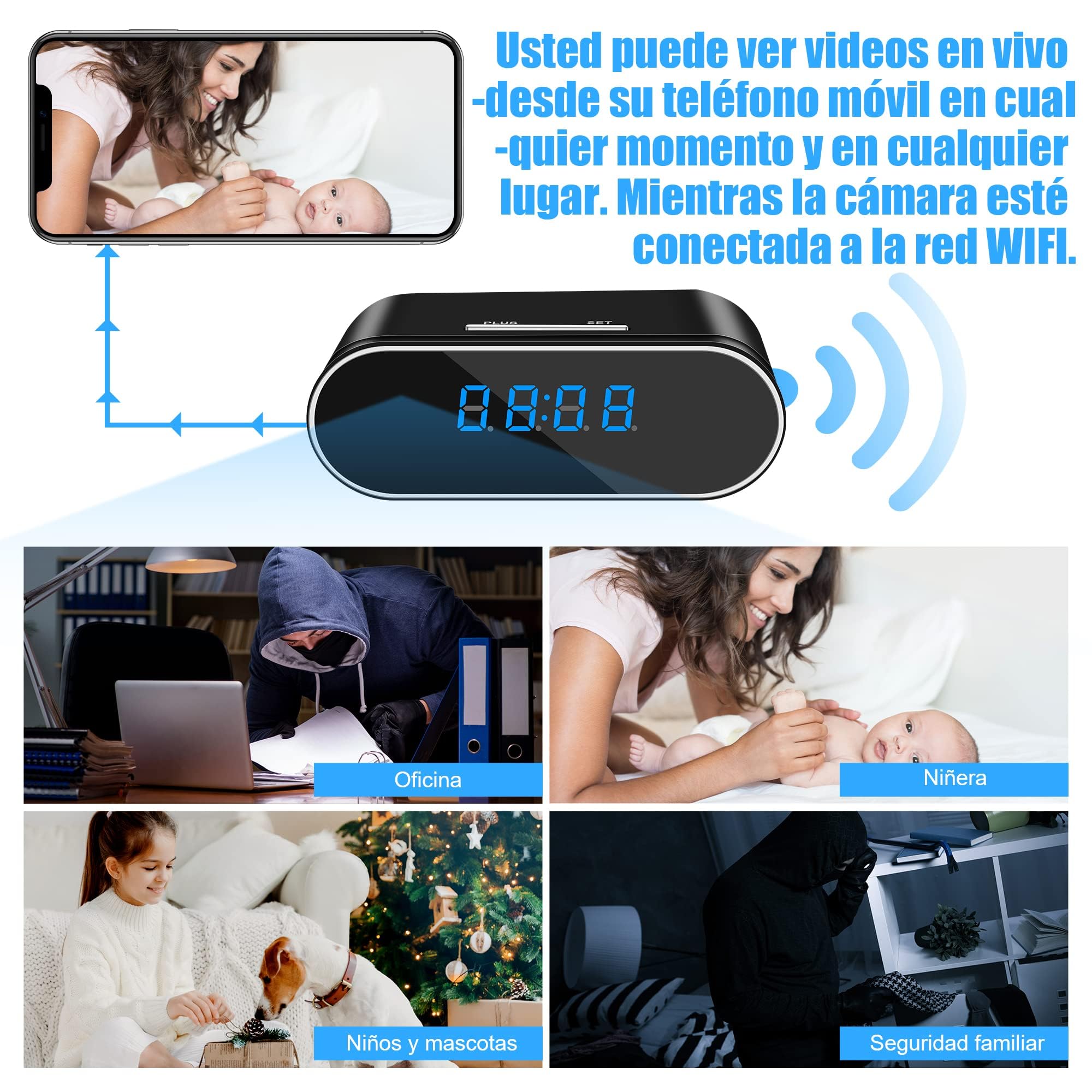 1080P WiFi Mini Camara Espia Oculta Camara Vigilancia WiFi Interior Reloj Camaras Vigilancia Sin Cables Camara Seguridad Camara VisióN Nocturna De 140 Ángulos DeteccióN Movimiento (Black)