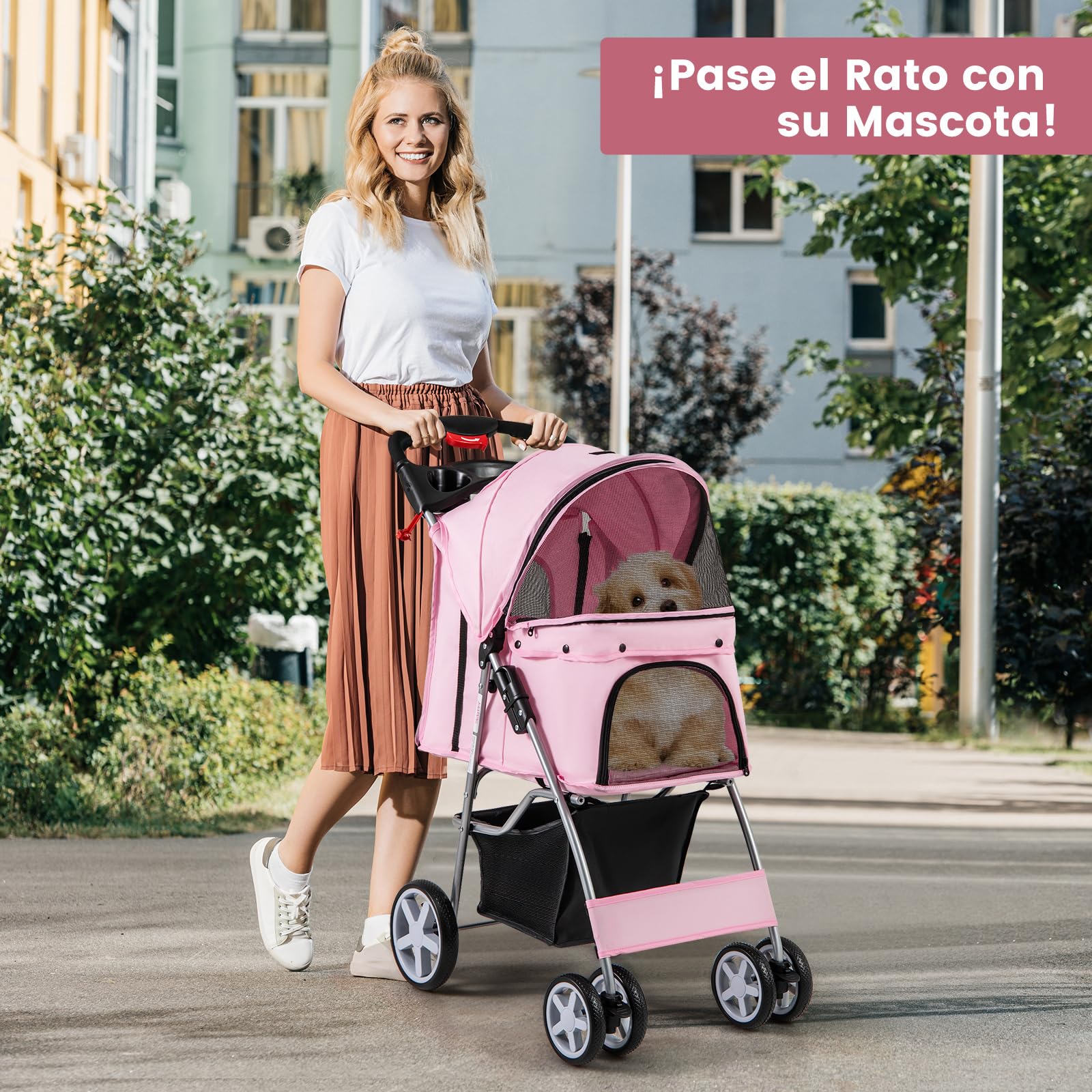 COSTWAY Cochecito para Mascotas Plegable, Cochecito de Mascotas de 4 Ruedas para Gatos/Perros, Carrito para Gatos con Cesta de Almacenamiento y Ventana de Malla impermeable (Rosado)