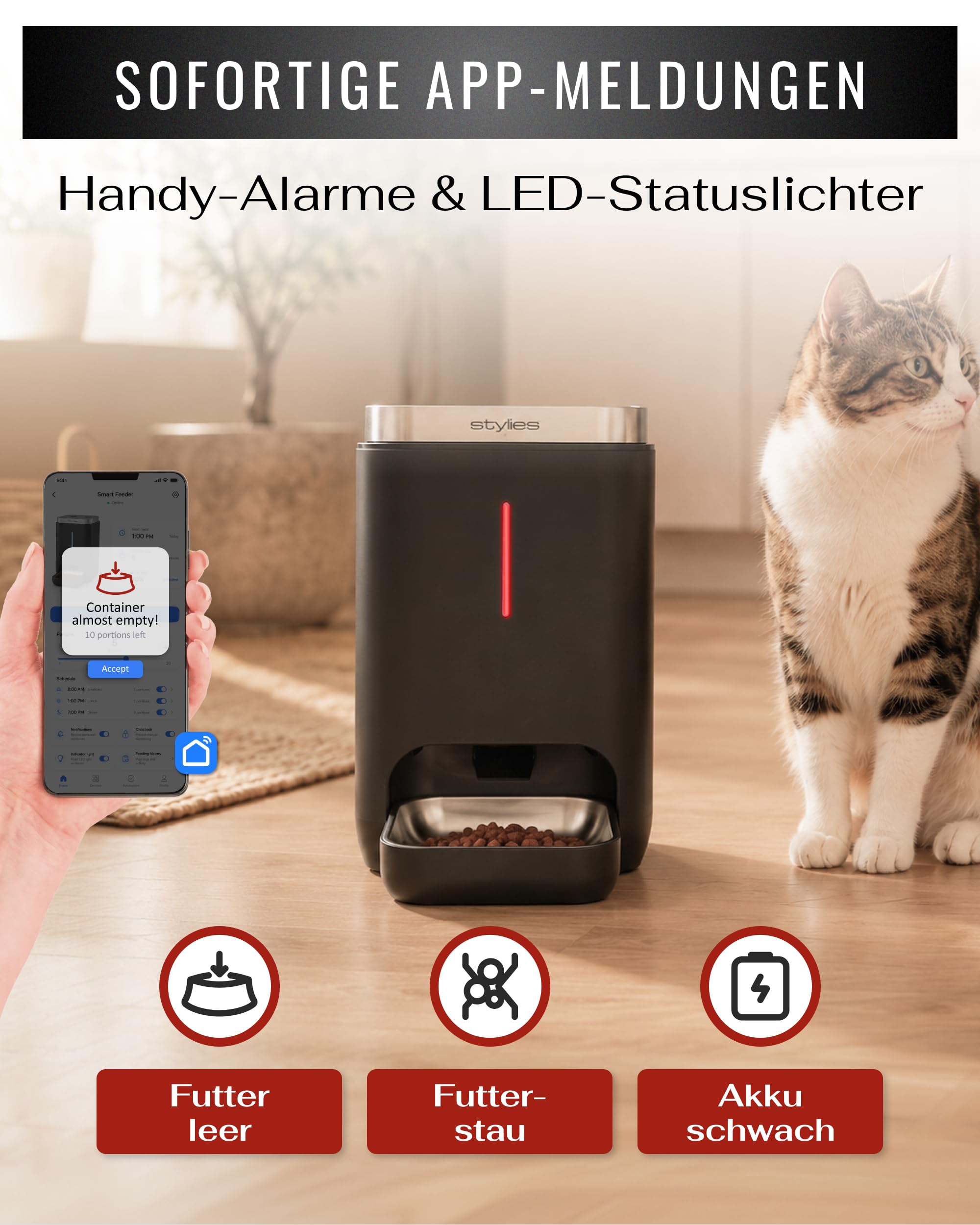 Futterautomat Katze 4,5L mit WiFi & App, Katzenfutter Automat für Trockenfutter, Edelstahlnapf, bis 10 Mahlzeiten/Tag, Futterspender für Katze & Hund – Anthrazit