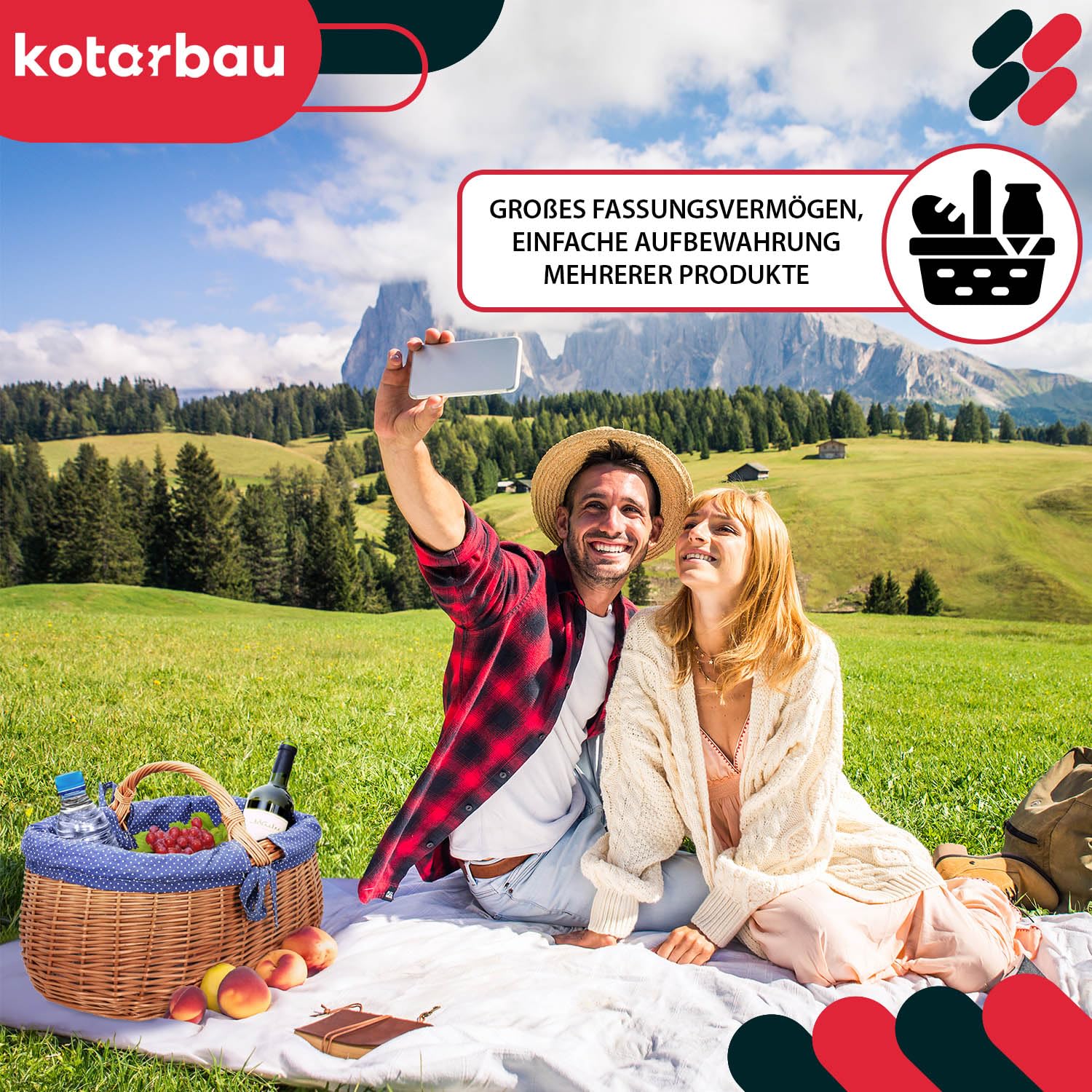 KOTARBAU® Weidenkorb mit Henkel - 47 x 31 x 32 cm - Korb mit Henkel - Einkaufskorb - mit Stoffeinlage in Blau - Pilzkorb - Erntekorb - Natürlich - Lebensmittelecht - Weide - Braun