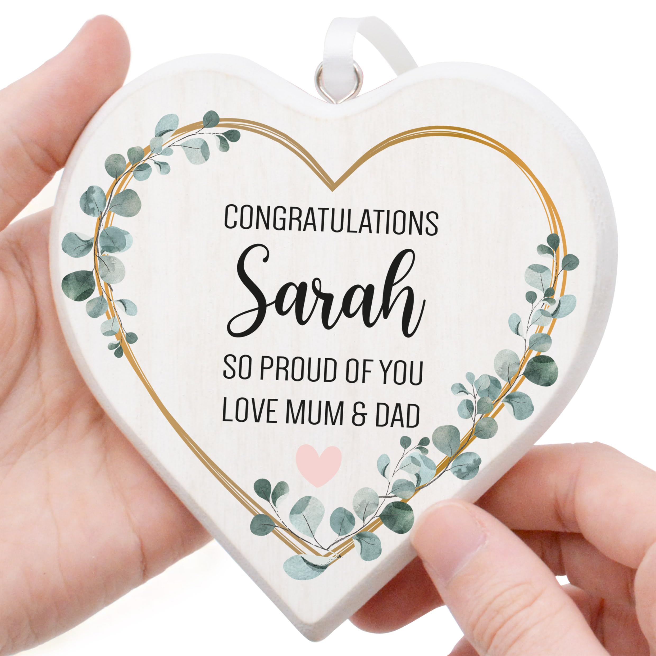 Beecreative Personalised Congratulations Gifts For Women - Rustic White Wooden Heart Ornament - Exam Results Well Done Present