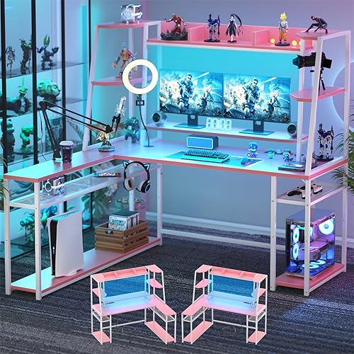 armocity Escritorio grande en forma de L de 63 pulgadas con luces LED y regletas de alimentación, escritorio reversible para juegos con gabinete,