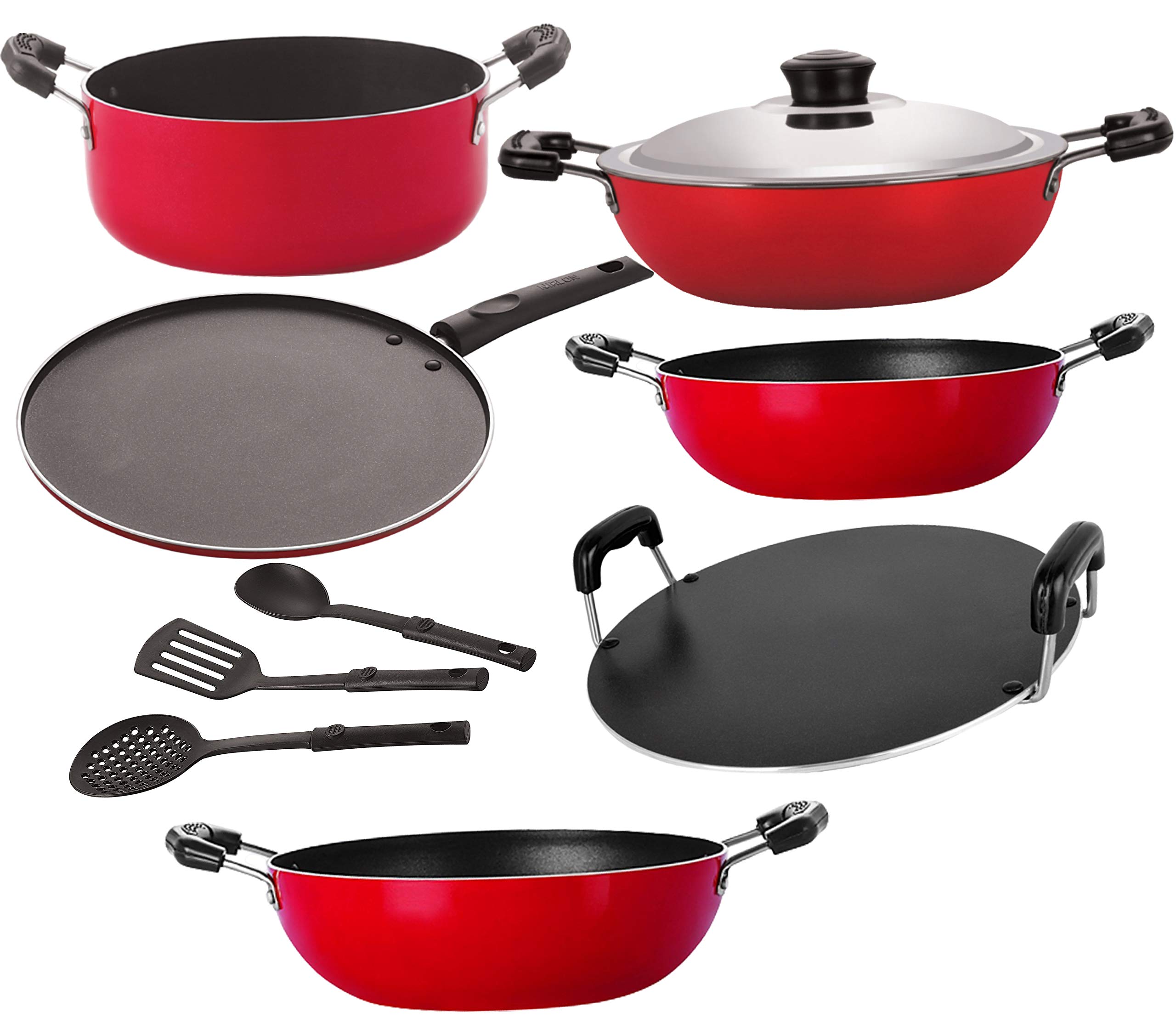 Nirlon 3 Layer Non-Stick Coated Cookware Gift Set Offer with Extreme Durability - 9 Pieces [26_KD13_KD14_DKDB_RT_Cass20_ST11_3SPN]