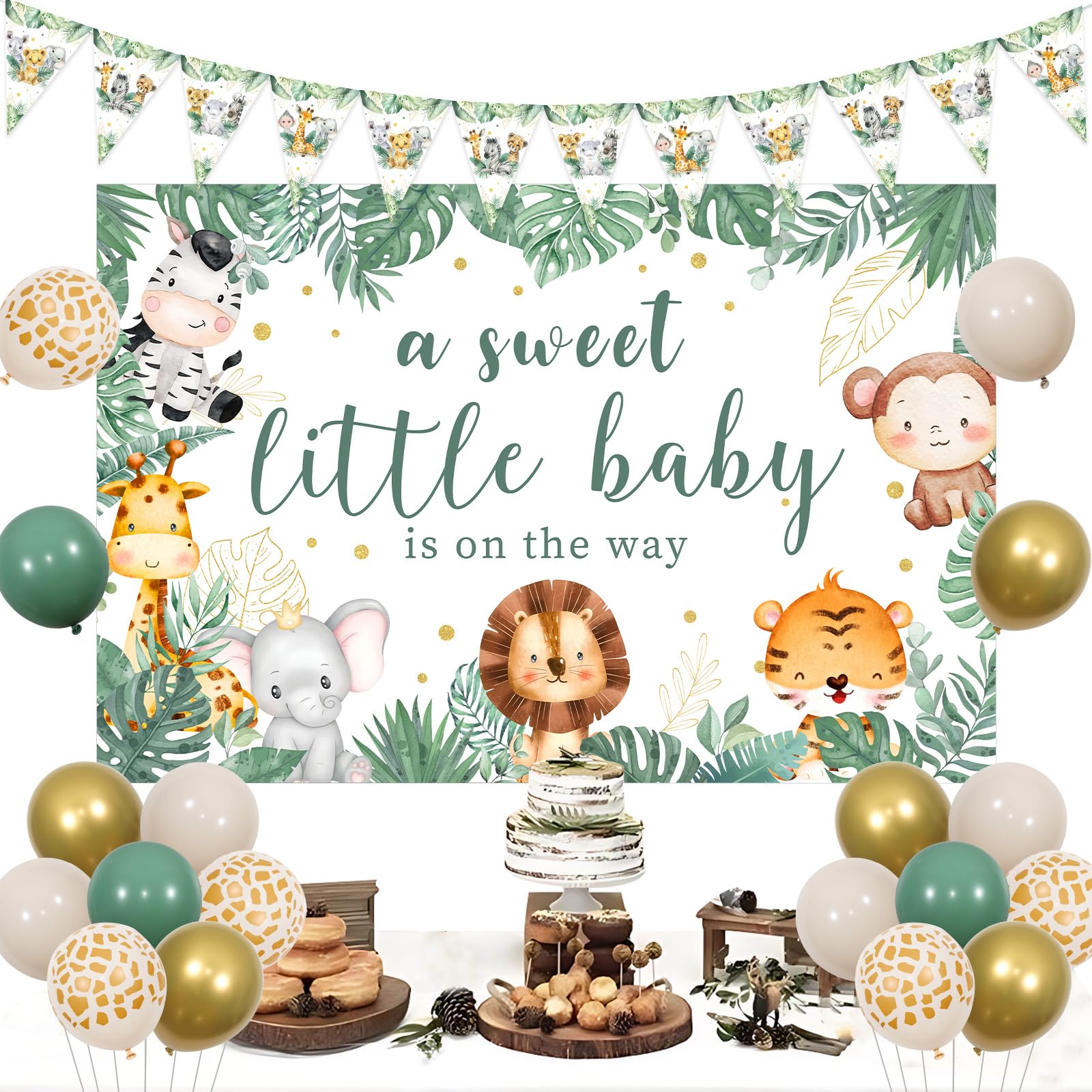 Kreatwow Safari Baby Shower Decoration Sage Green A Sweet Little Baby is On The Way Backdrop Banner Safari Animal Triangle Flags Banner Green Balloons Neutral Jungle Gender Reveal Woodland Party