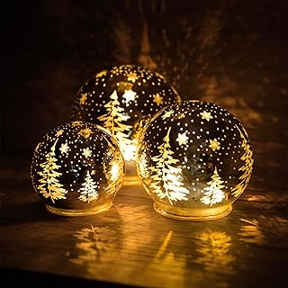 Bola decorativa LED con diseño de paisaje invernal, juego de 3 unidades, diámetro de 10 a 15 cm, decoración de mesa de Navidad, luz blanca cálida, decoración de mesa, ventana, nieve, invierno, bosque,