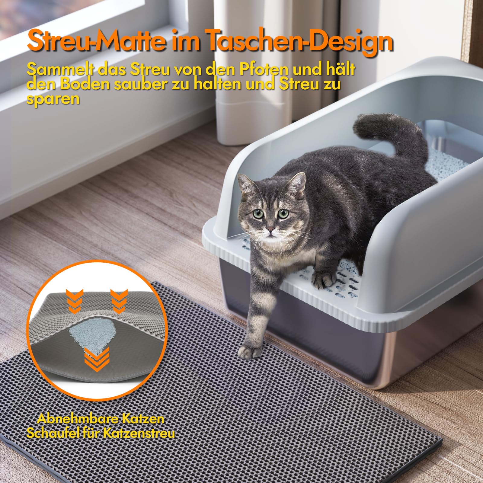 Katzenklo Edelstahl XL/L, Katzentoilette Edelstahl Große Kapazität Auslaufsicher Gegen Verschüttungen Katzenklo, mit Metall Katzenstreuschaufel(hellgrau)
