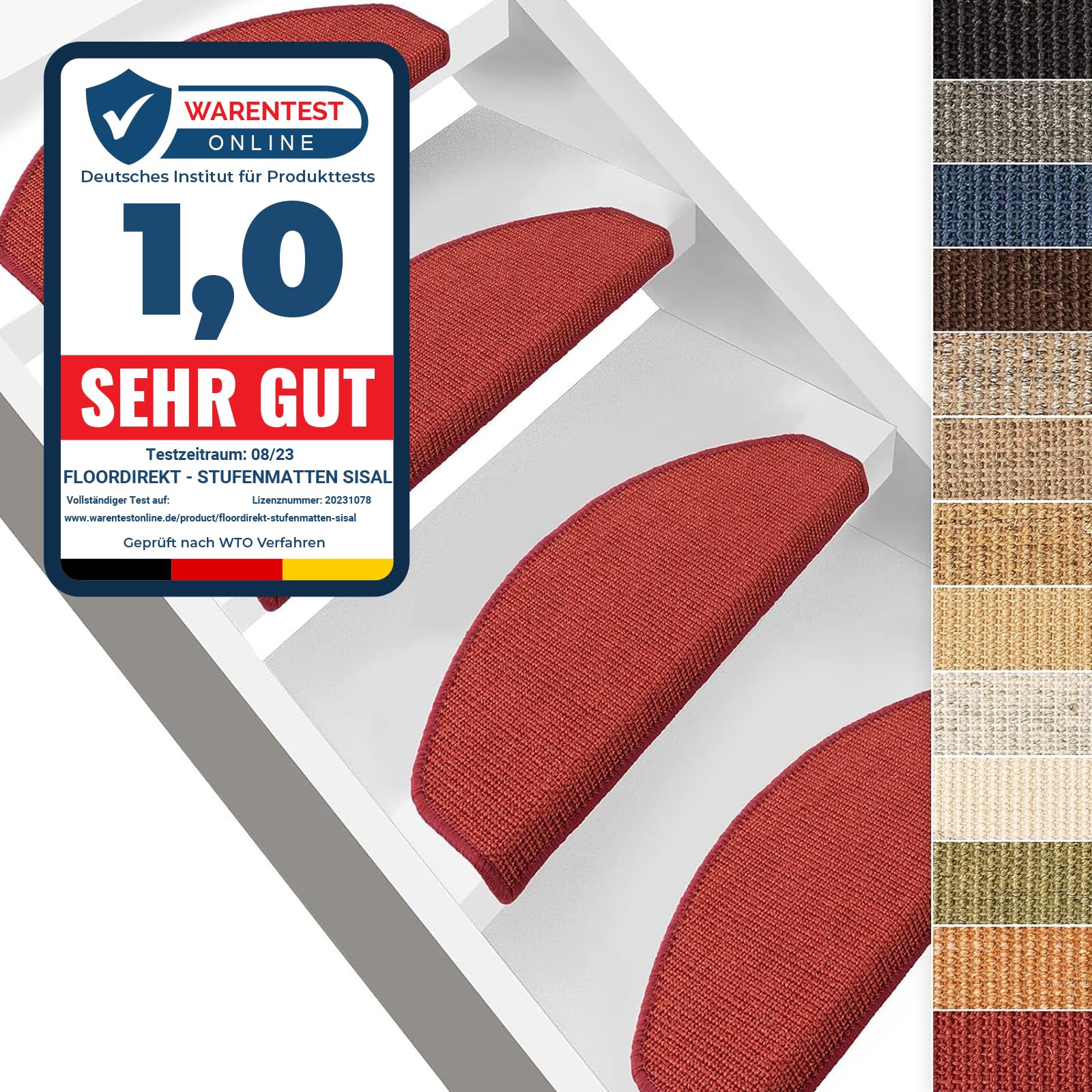 Floordirekt 15 x Teppich Stufenmatten Treppenstufen | 100% Sisal | wohnlichen Farben | rutschsicher für Mensch und Tier (Maße ca. 64 x 23,5 cm)