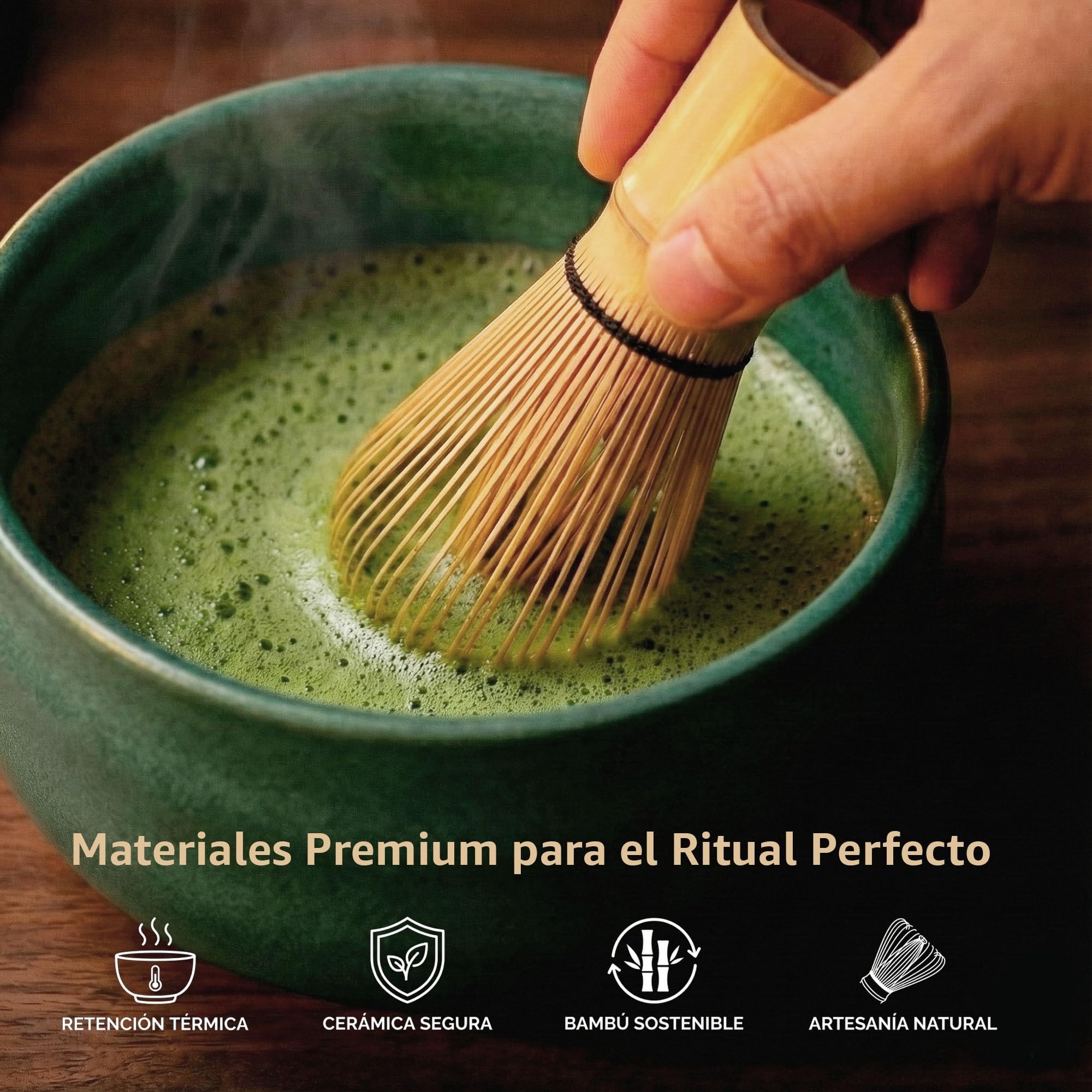 Te Matcha Kit Ceremonial Completo 8 Piezas – Bowl Cerámica 500 ml, Batidor Bambú Natural y Tamiz de Malla Fina – Kit Te Matcha Premium para Preparar Té Matcha Tradicional Japonés