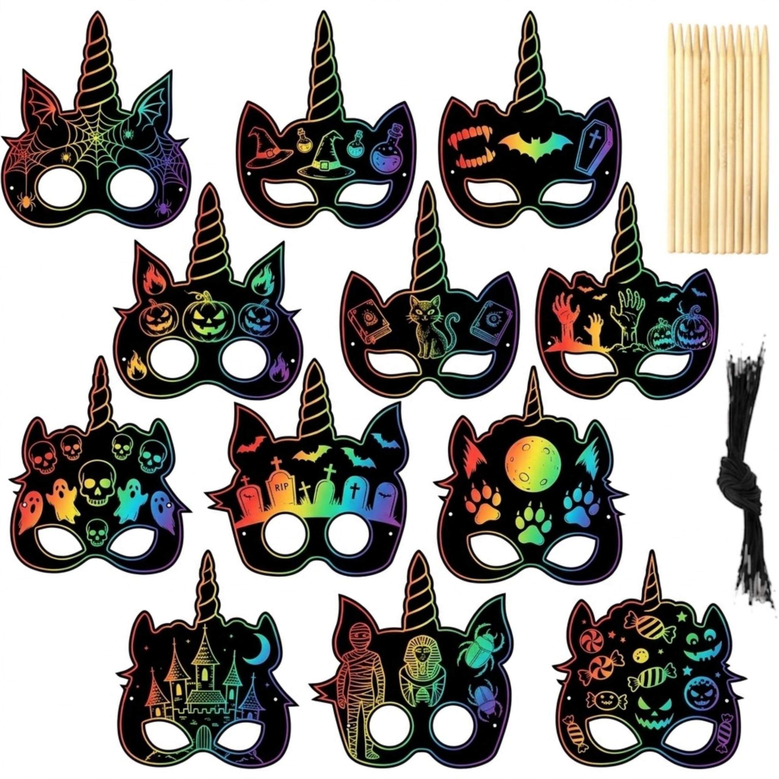 12PCS Halloween Scratch Art Mask Kit with Wooden Styluses and Strings