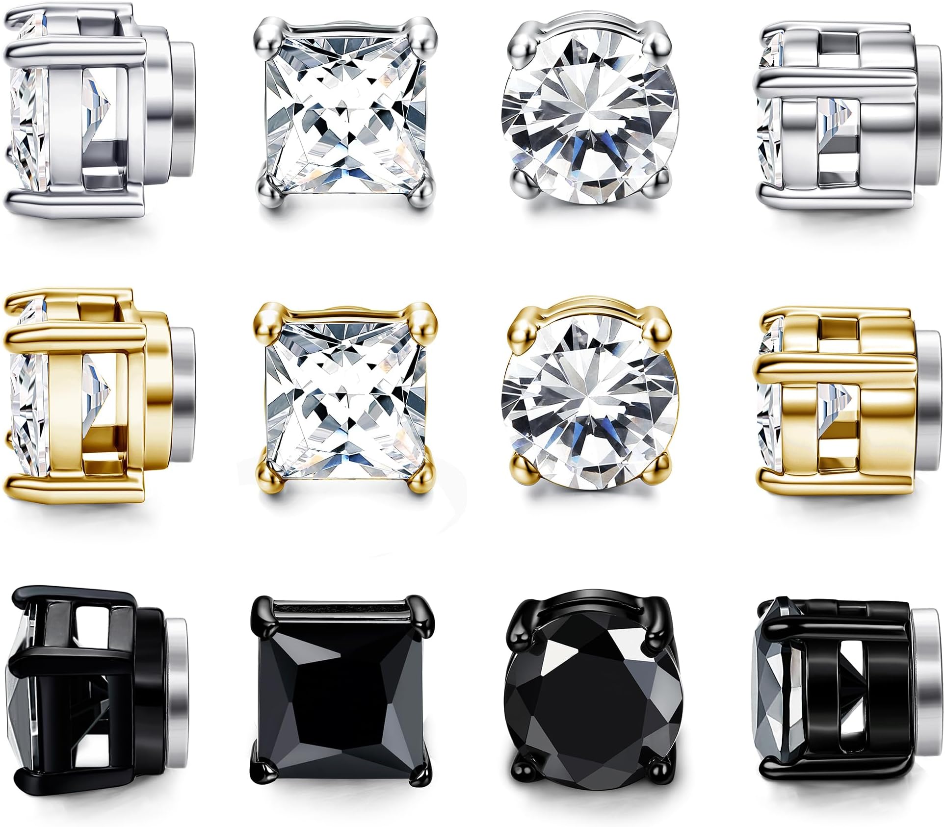 FIBO STEEL 6 Pairs Magnetic Stud Earrings for Men Women Stainless Steel CZ Unisex Magnet Earrings Set Hypoallergenic Non-Piercing Clip On Earrings Fake Earrings Jewelry Silver Gold Black 5-8MM