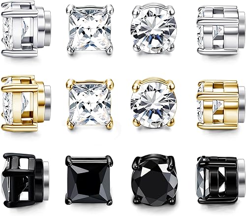 FIBO STEEL Juego de 6 pares de pendientes magnéticos de acero inoxidable para hombres y mujeres con circonita cúbica imán no perforado