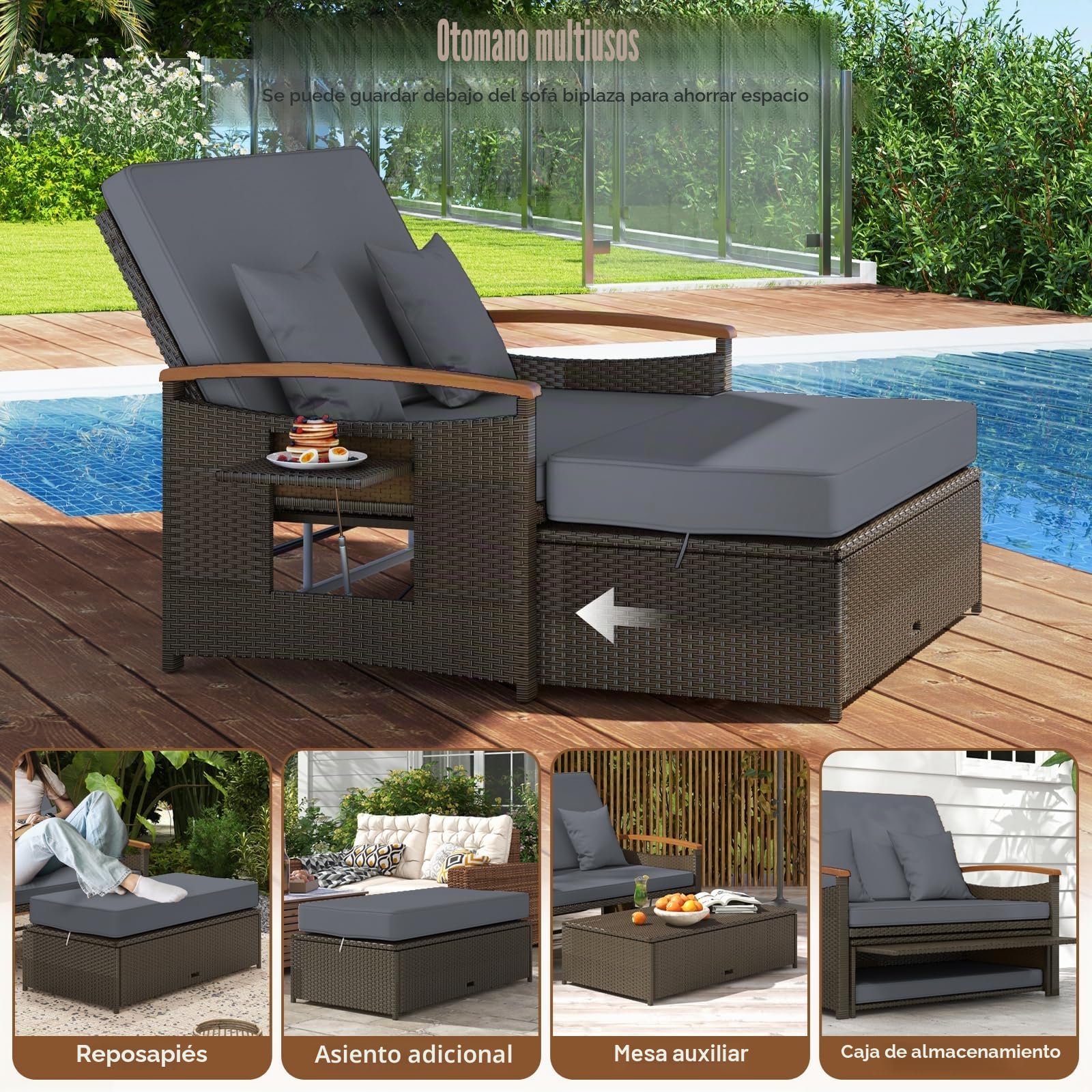 GIANTEX Conjunto de Muebles de Ratán para Jardín, Sofá de Ratán de 2 Plazas y Taburete, Sofá Cama con Estantes Laterales y Cojines, Tumbona Doble para Jardín, Balcón, Terraza (Gris)