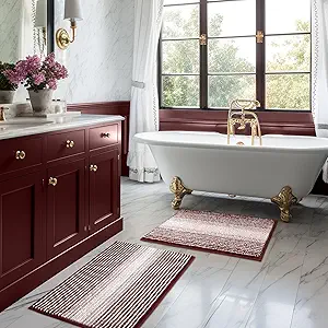 Bathroom Rugs and Mats Sets, 2 Piece Thick Absorbent Chenille Bath Mat Rug Set Non Slip, Soft Shaggy Bath Room Floor Mats for Bathroom, Machine Washable (Burgundy Red, 20" x 32" Plus 16" x 24")