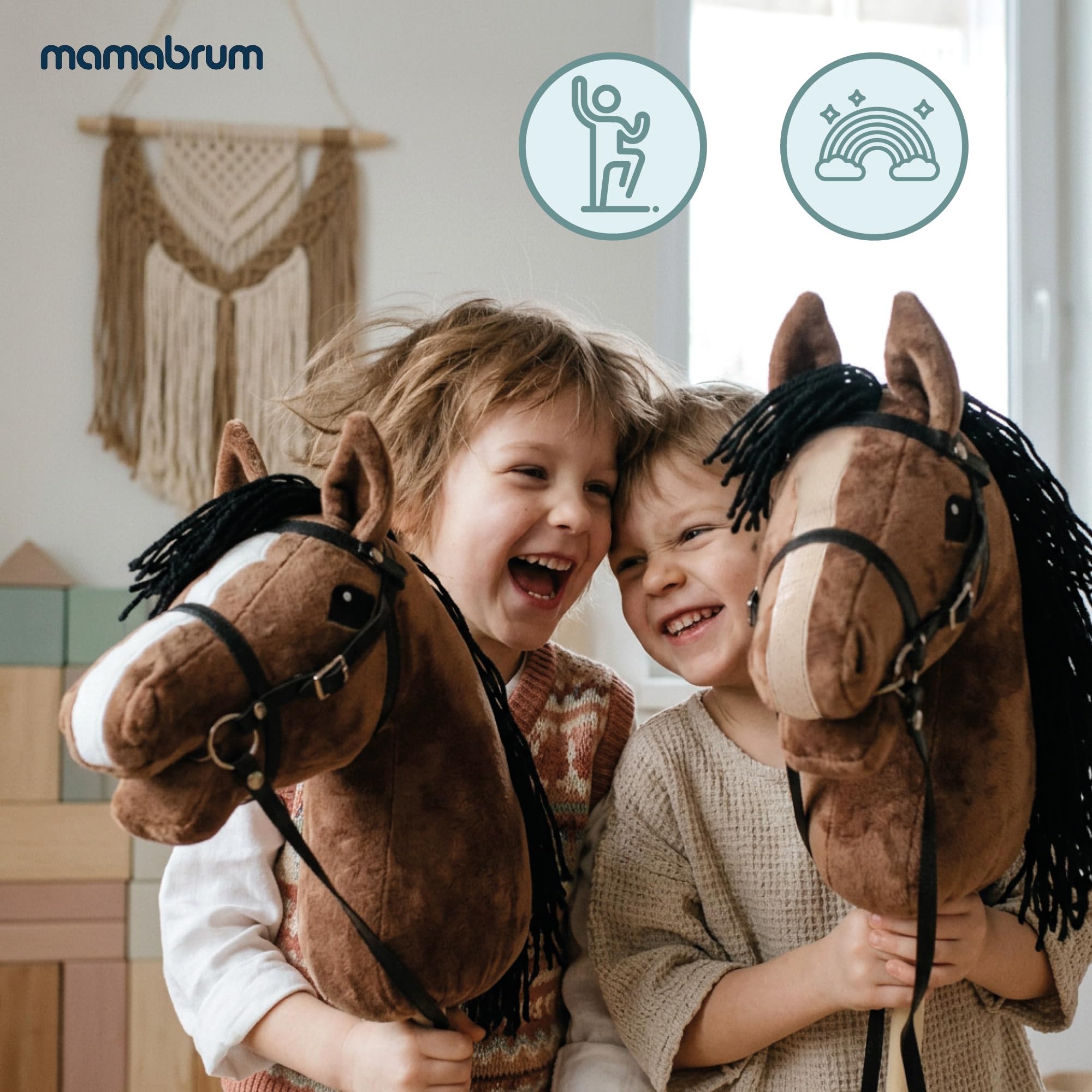 mamabrum Hobby Horse Braun Steckenpferd Kinder 68 cm | Steckenpferd mit Holzstab, verstellbarem Zaumzeug, abnehmbaren Zügeln und langer Mähne für Rollenspiele.
