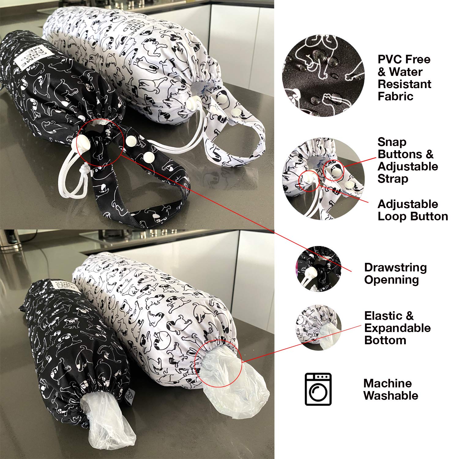 2 soportes de plástico impermeables para bolsas de basura de la compra, organizador de bolsas de almacenamiento de cocina, dispensador de múltiples diseños de perros
