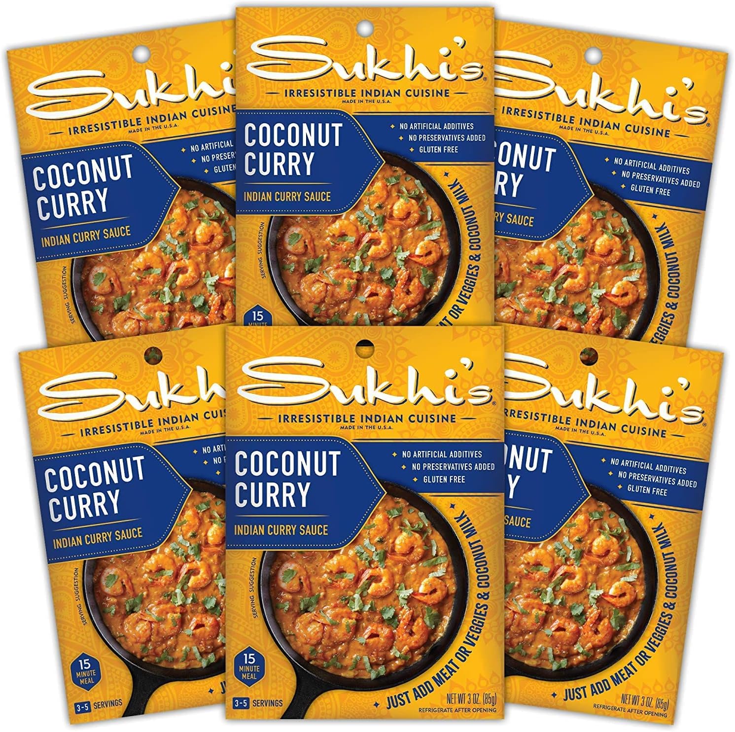 Sukhi's Indian Curry Sauce - Coconut Curry Sauce 3oz (Pack of 6) 84 Servings - Gluten Free Indian Sauce Indian Simmer Sauce
