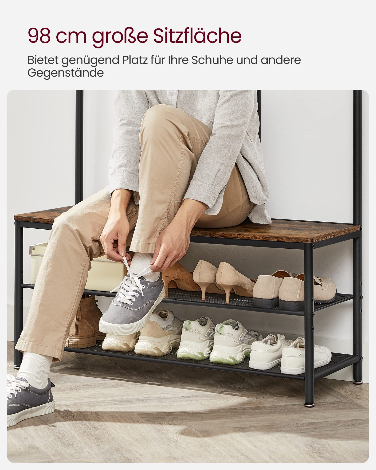 VASAGLE Kleiderständer, Garderobe, Garderobenständer mit Haken, Spiegel, Sitzbank, 35 x 98 x 180 cm, für Eingangsbereich, Schlafzimmer, Wohnzimmer, Industrie-Design, vintagebraun- schwarz HSR415B01
