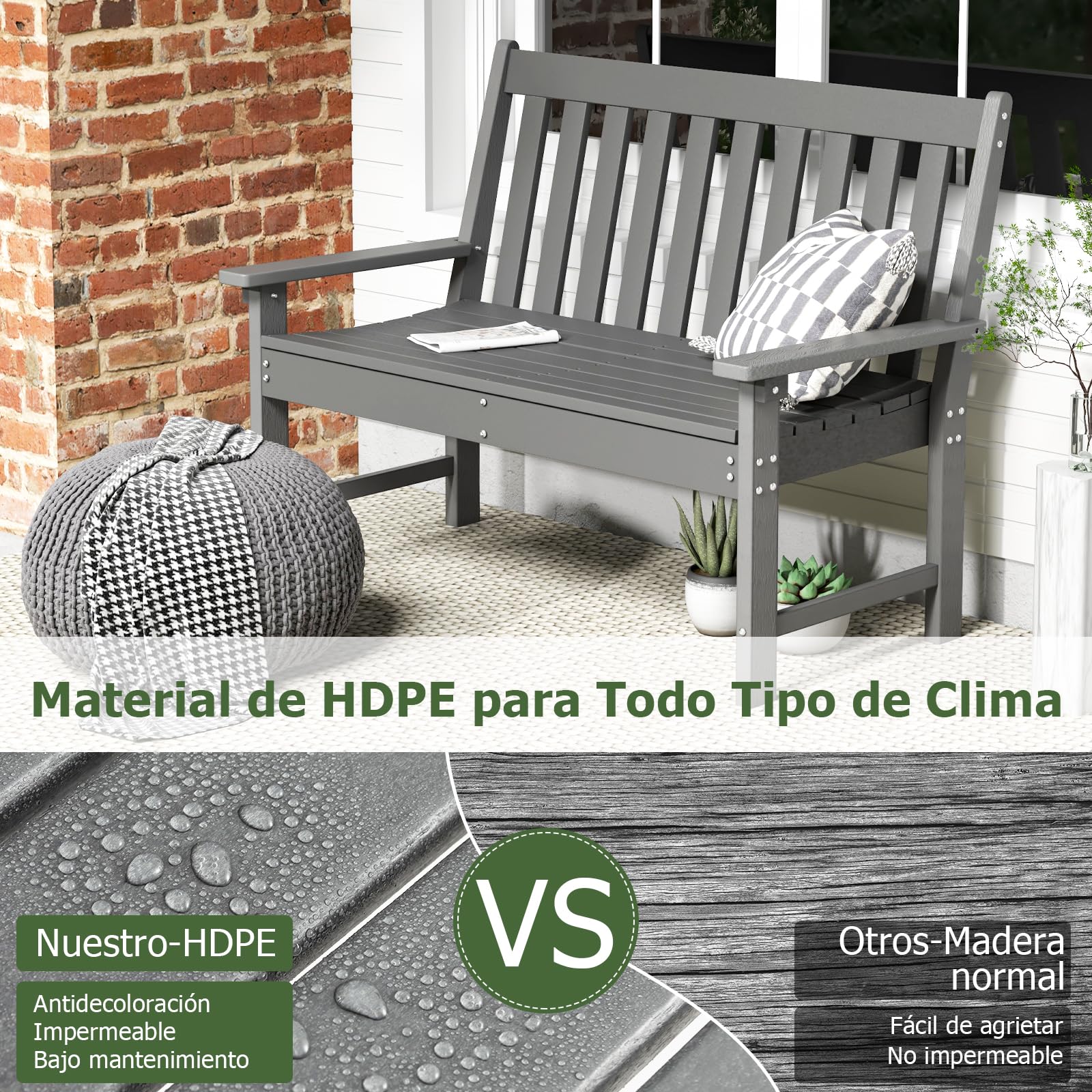 GIANTEX Banco de Jardín 2 Plazas, Banco de Plástico con Respaldo y Reposabrazos, Asiento de Láminas, Carga hasta 320 kg, 132 x 65 x 91 cm, para Parque, Porche, Balcón (Gris)