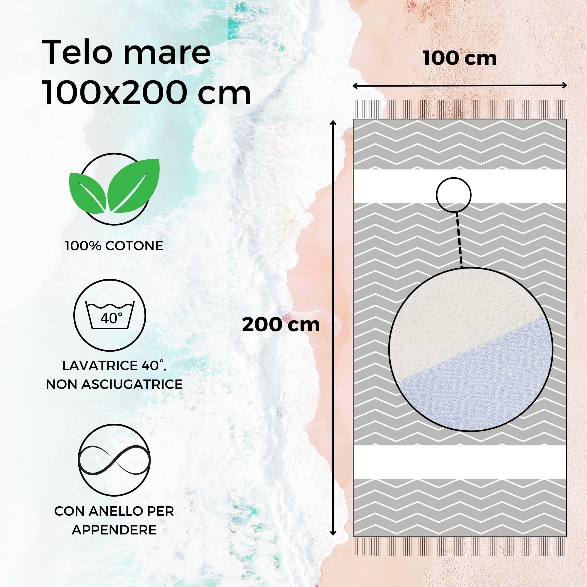 furora HOLIDAY Telo Mare (4 pezzi) Grande, cotone 100x200 cm | Telo Spiaggia antisabbia | Asciugamano Mare Fouta, frange e angoli, Pareo Donna Uomo Ragazzi | Pic Nic Beach Towel Coperta, lungo leggero