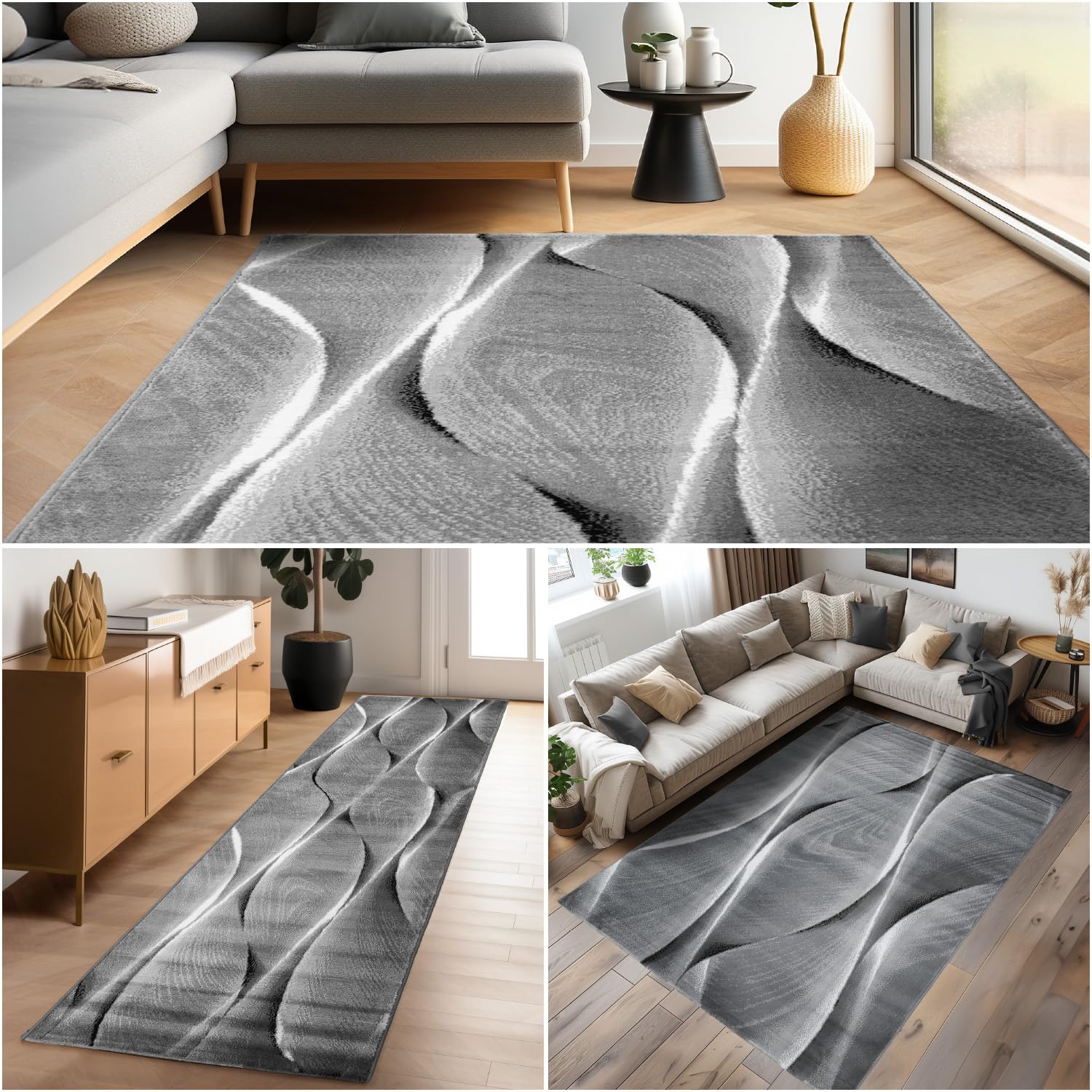 Carpettex Moderne Tapis Salon Tapis Chambre Noir-6 80 x 150 cm - Tapis à Poils Courts, a Poil Ras, Conception Abstrait Doux et Moelleux - Tapis Cuisine Moquette Salle de Sejour