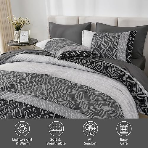 Miniatura 6 de Dinjoy - Juego de edredón Queen de color gris oscuro boho, suave juego de 7 piezas en una bolsa tamaño Queen, juegos de cama negros con edredones